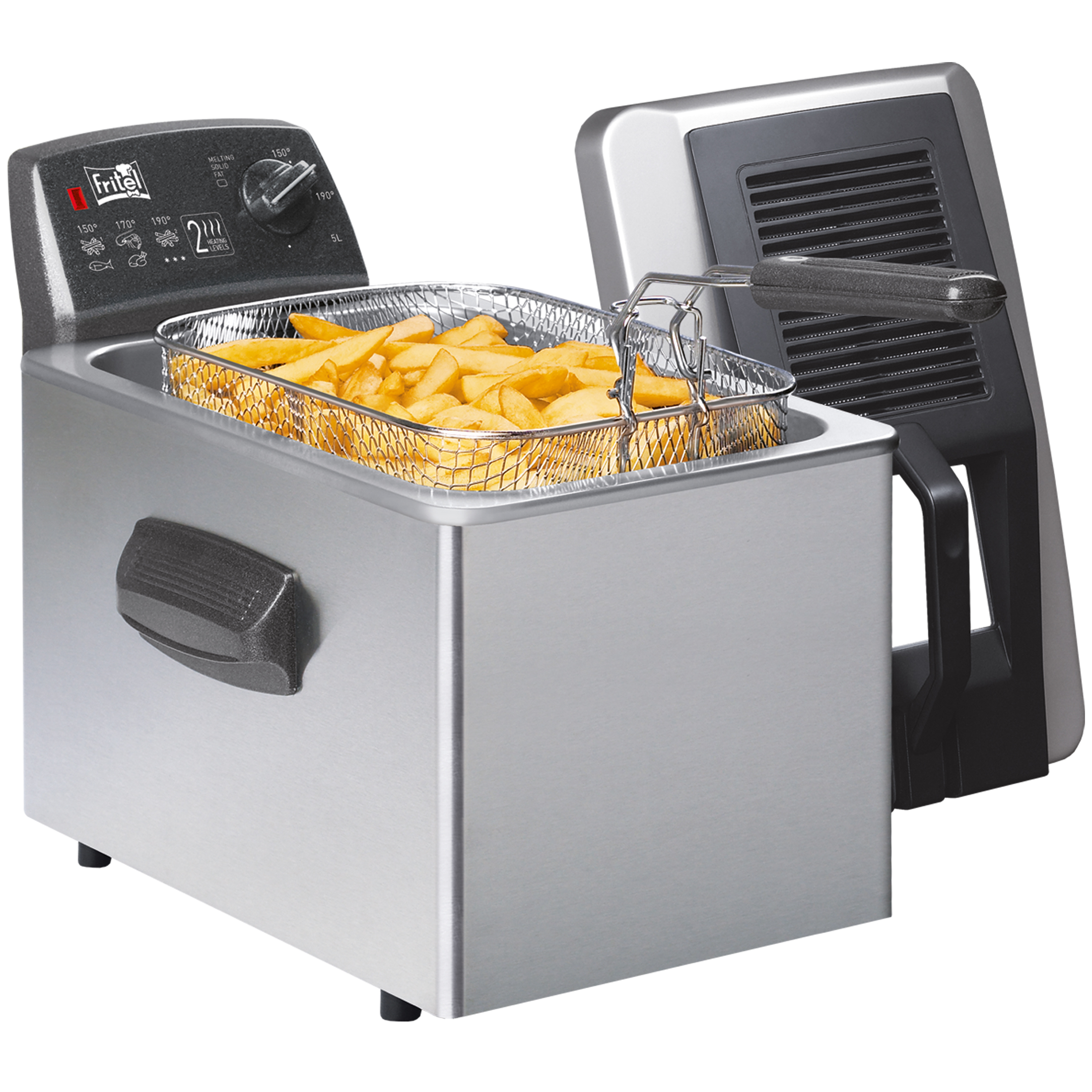 A silver deep fryer with a full basket of golden french fries. Controls on top.