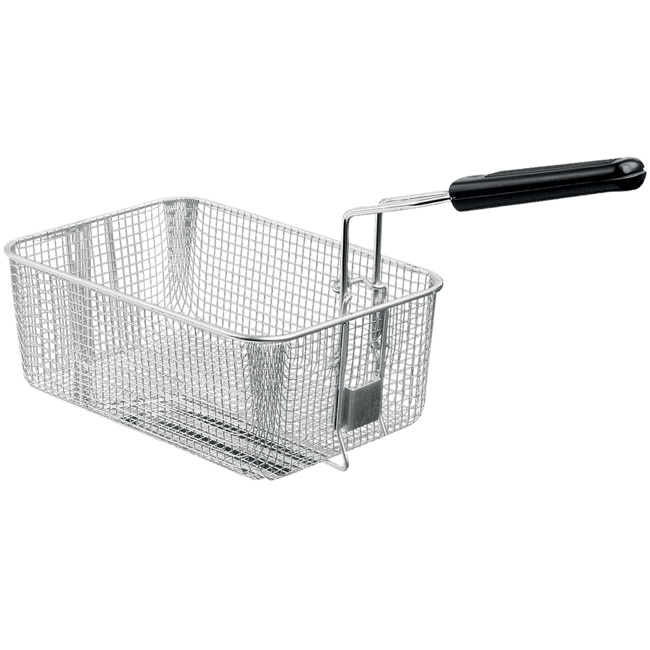 A silver wire frying basket with a black handle against a white background.