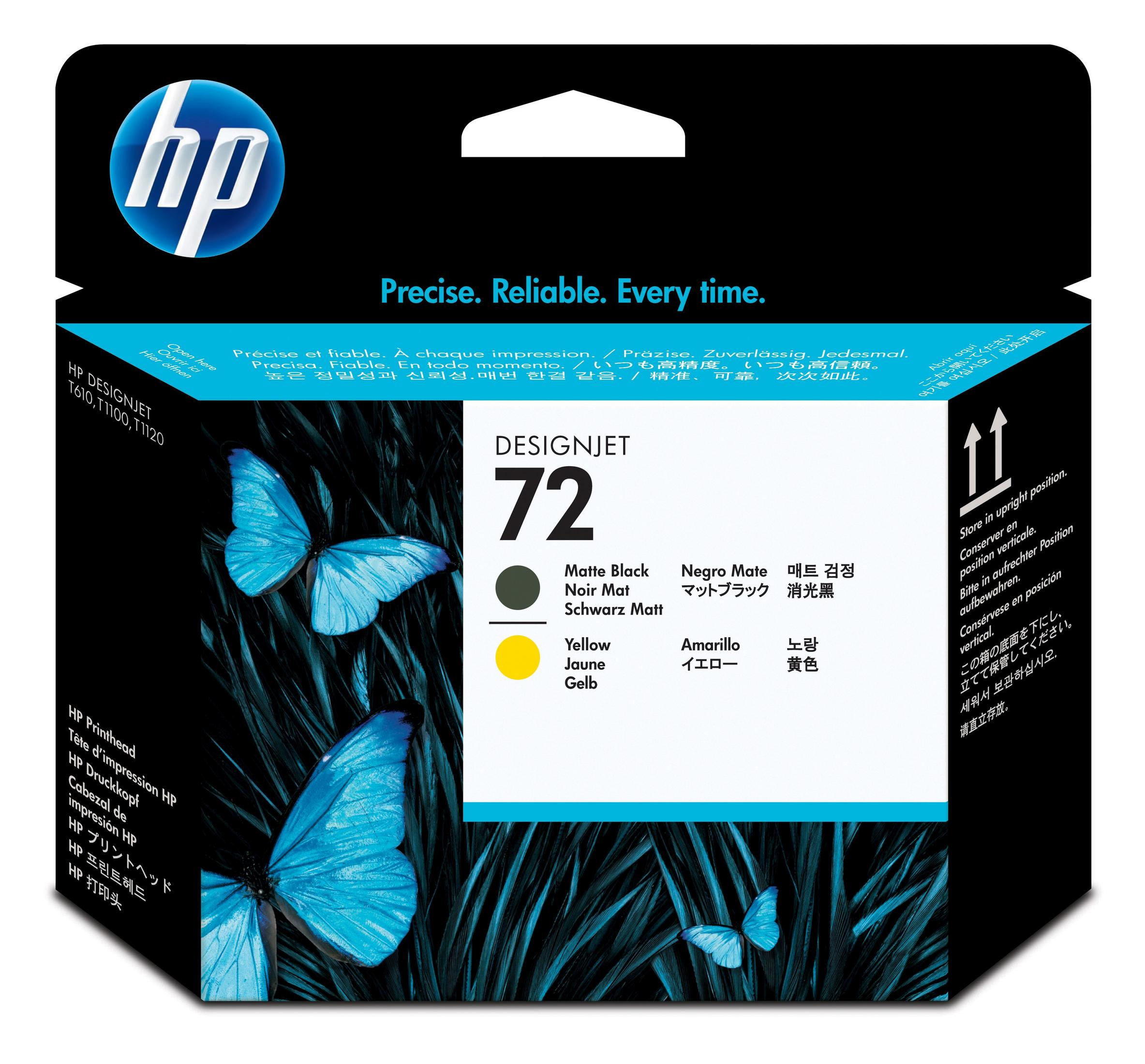 Cartuccia d'inchiostro HP Designjet 72 con due farfalle blu su sfondo nero.