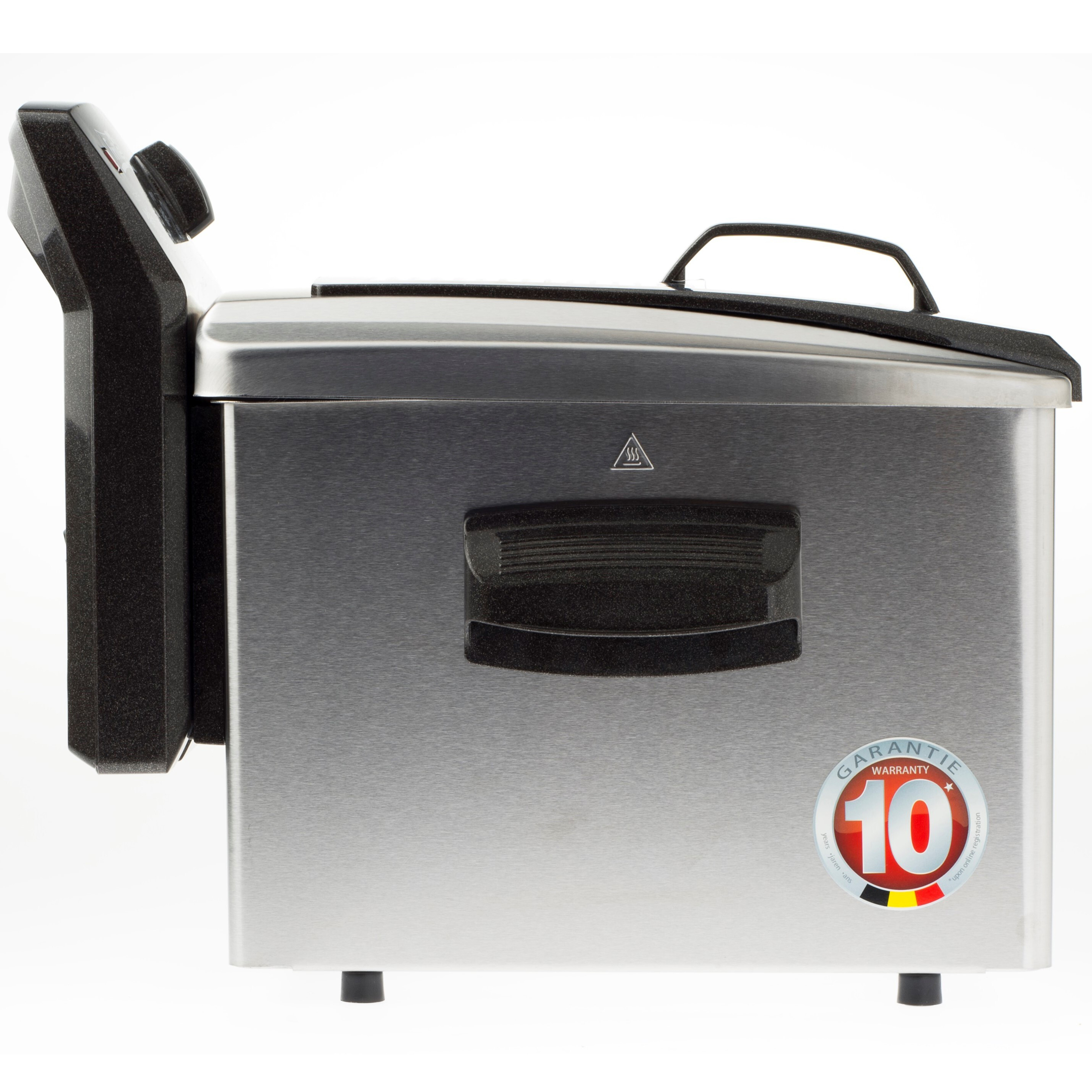 Stainless steel deep fryer with black handle and control panel.