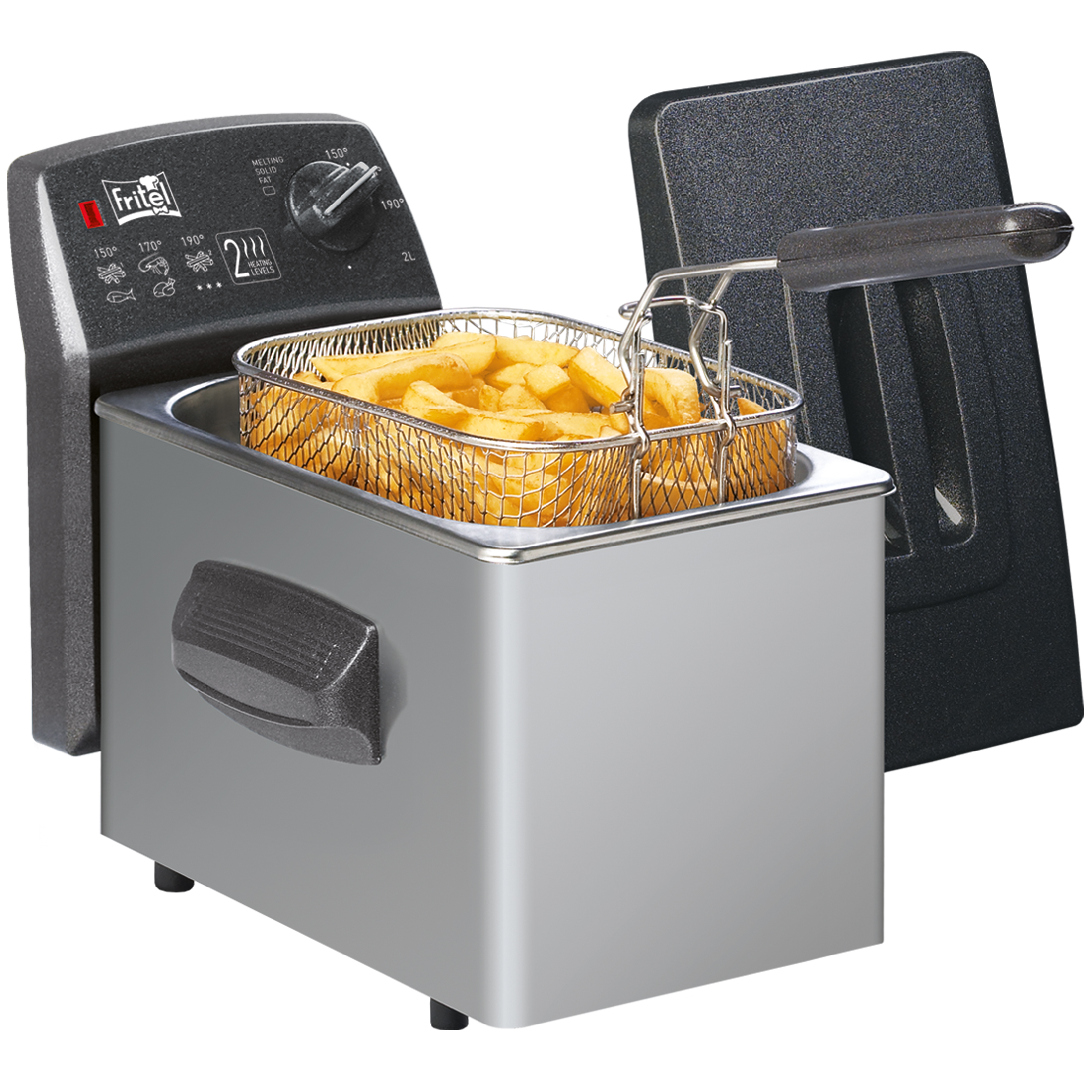 Een zilveren frituurpan met frietjes in een mandje en een zwart deksel.