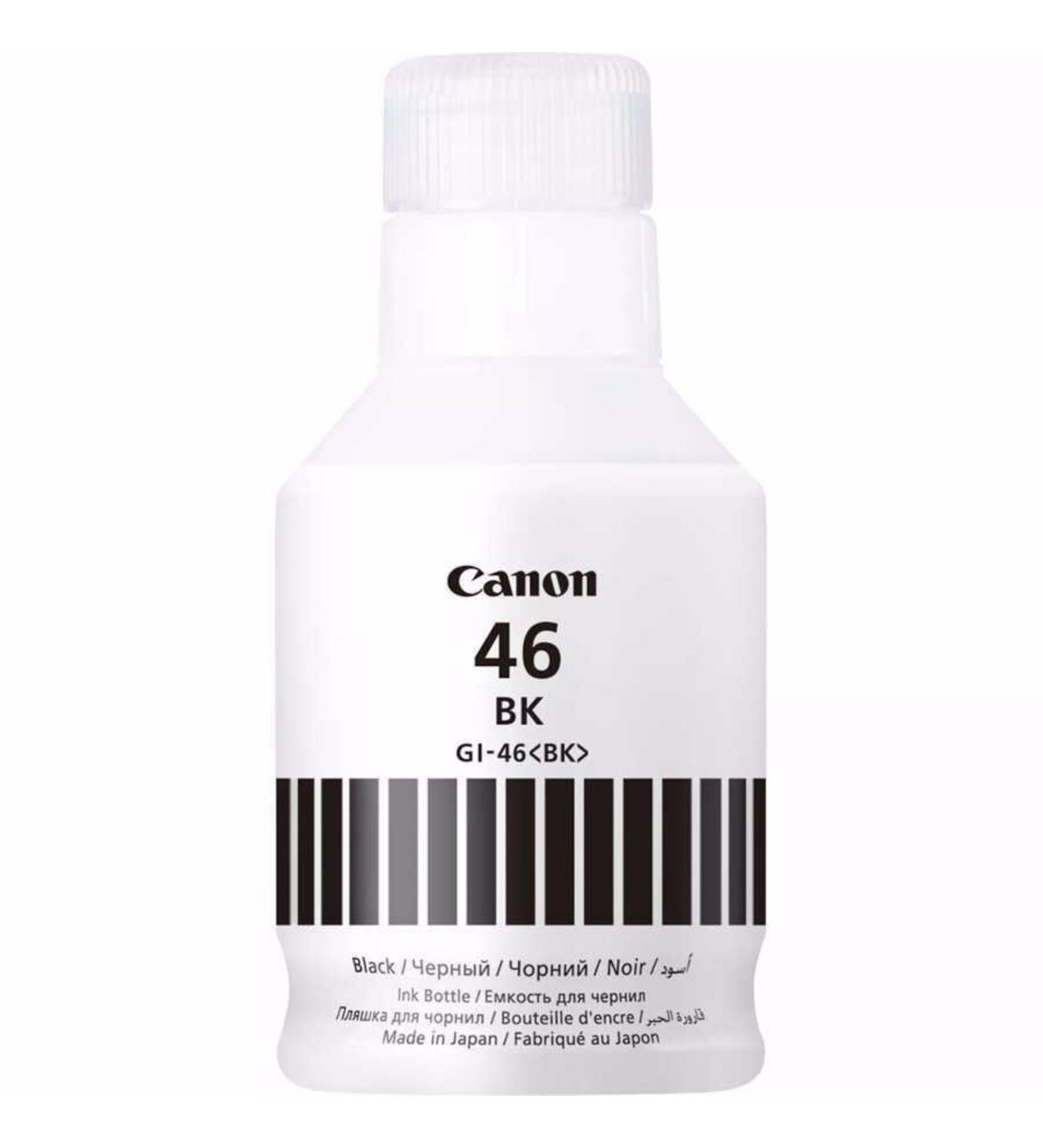 Een witte fles Canon 46 BK zwarte inkt, met meertalige tekst.