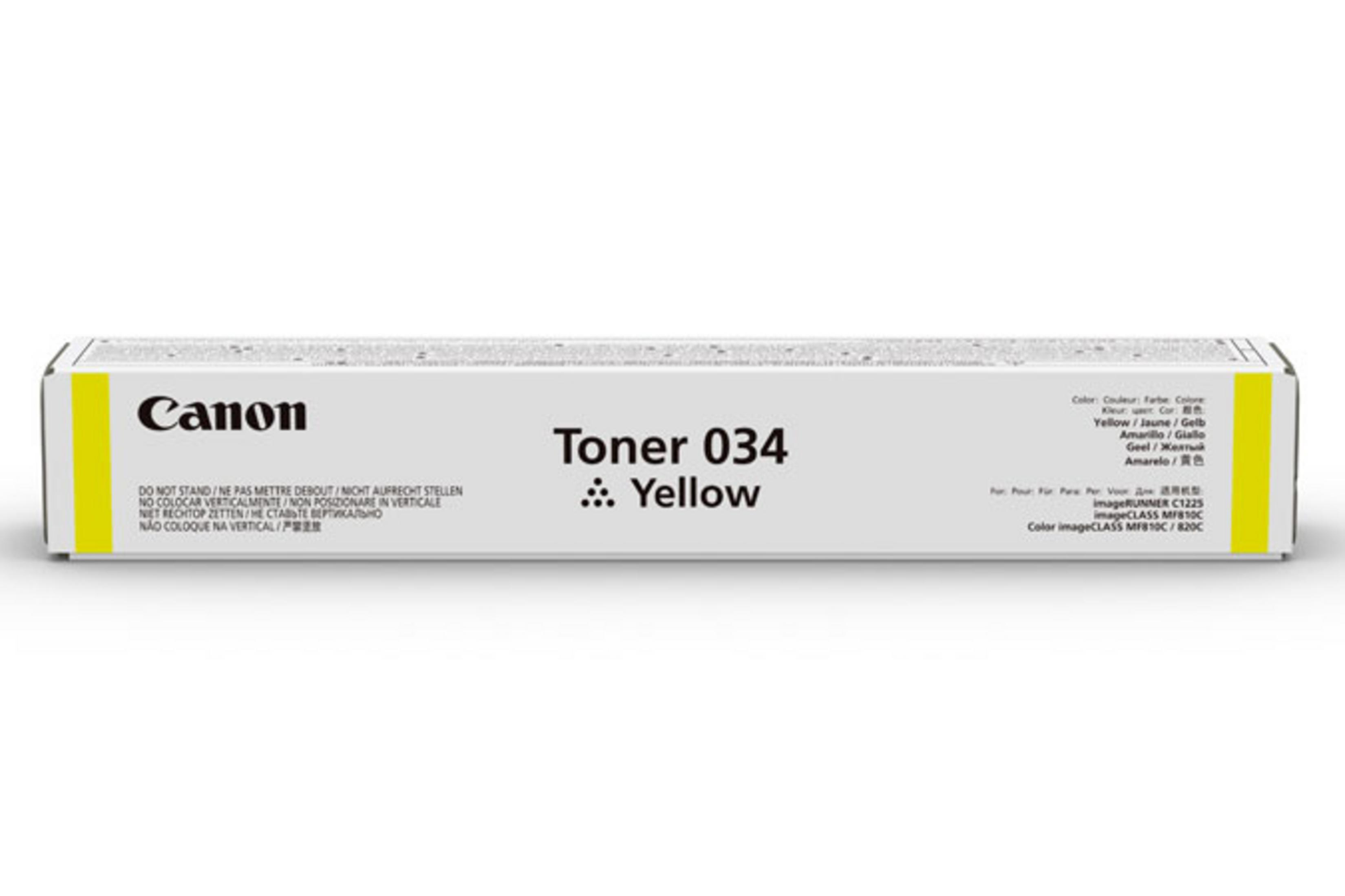 Toner Canon 034 w kolorze żółtym. Opakowanie jest białe z żółtymi akcentami.