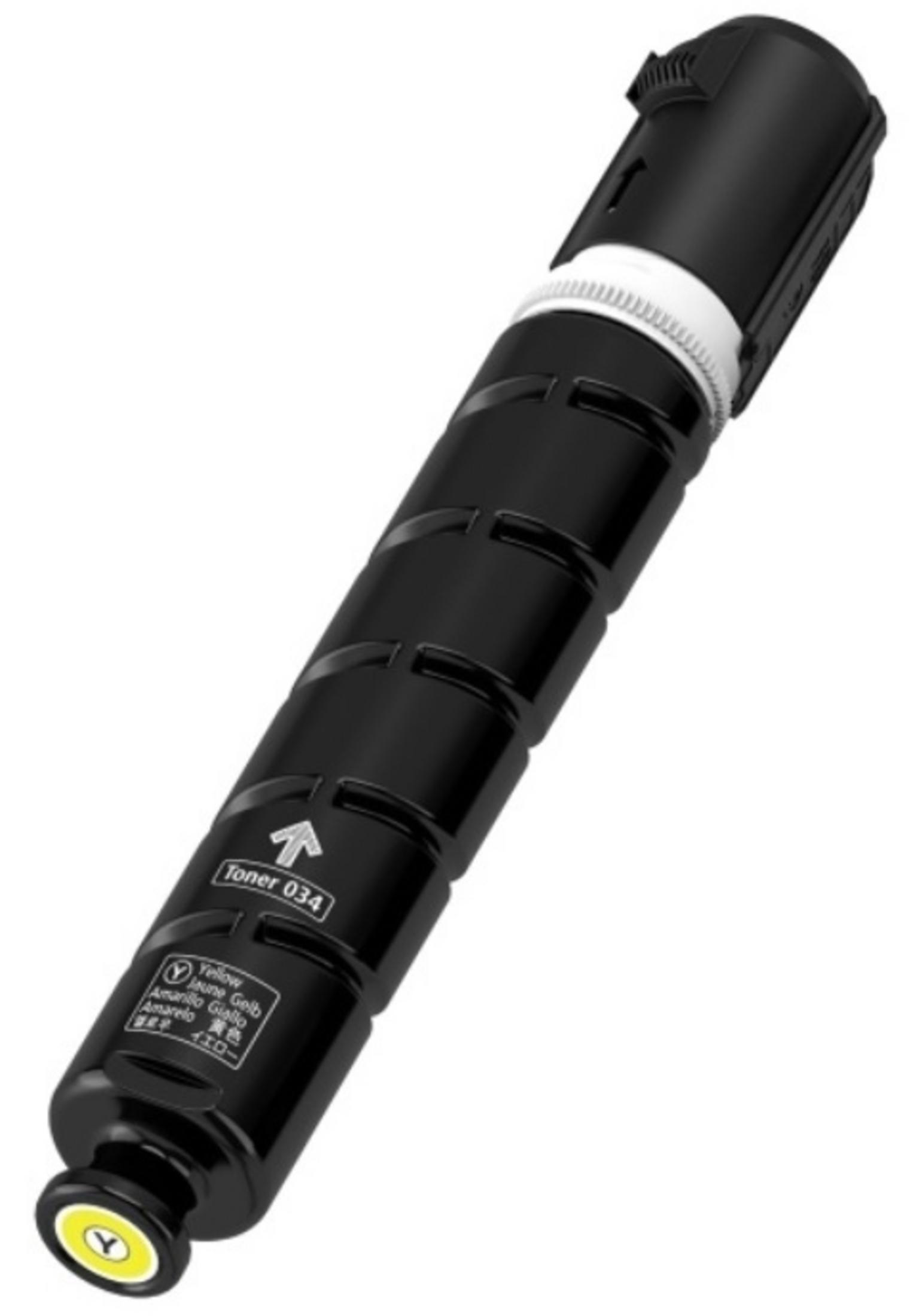 Czarny wkład tonera z żółtymi oznaczeniami i napisem.