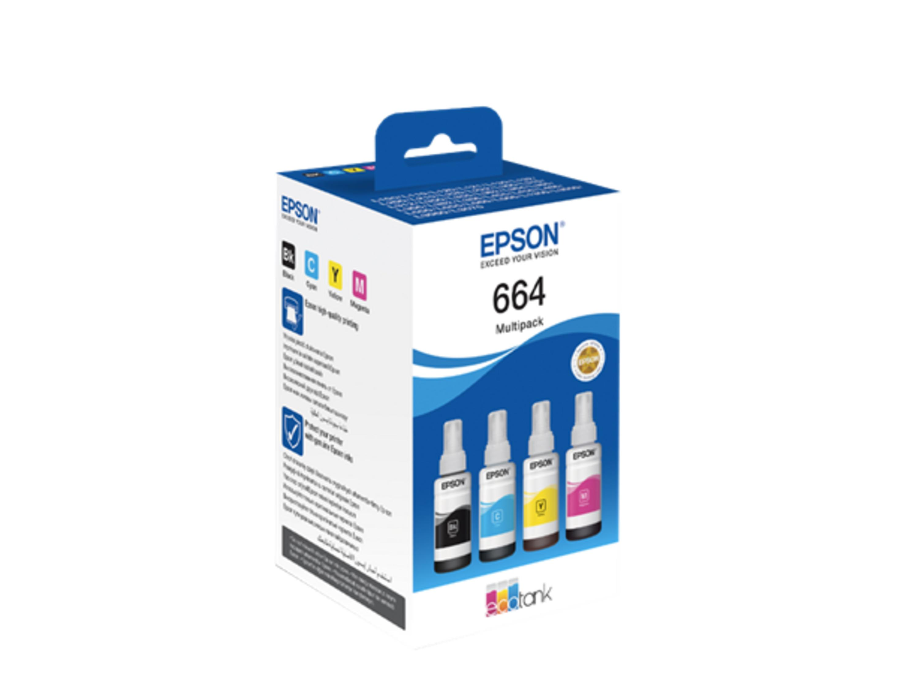 Multipack Epson 664 montrant quatre bouteilles d'encre : noir, cyan, jaune et magenta.