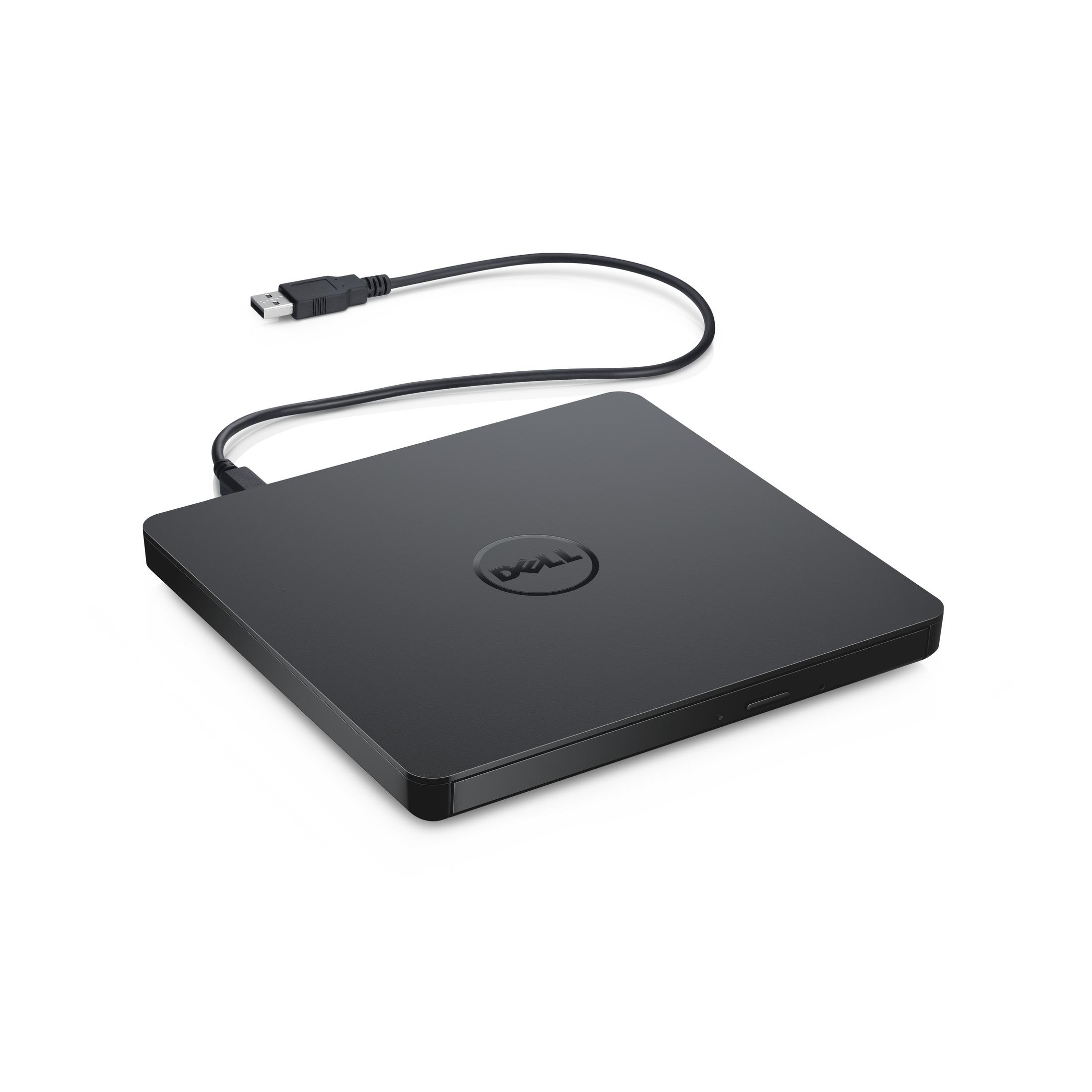 Schwarzes Dell externes USB-CD/DVD-Laufwerk mit Kabel auf weißem Hintergrund.