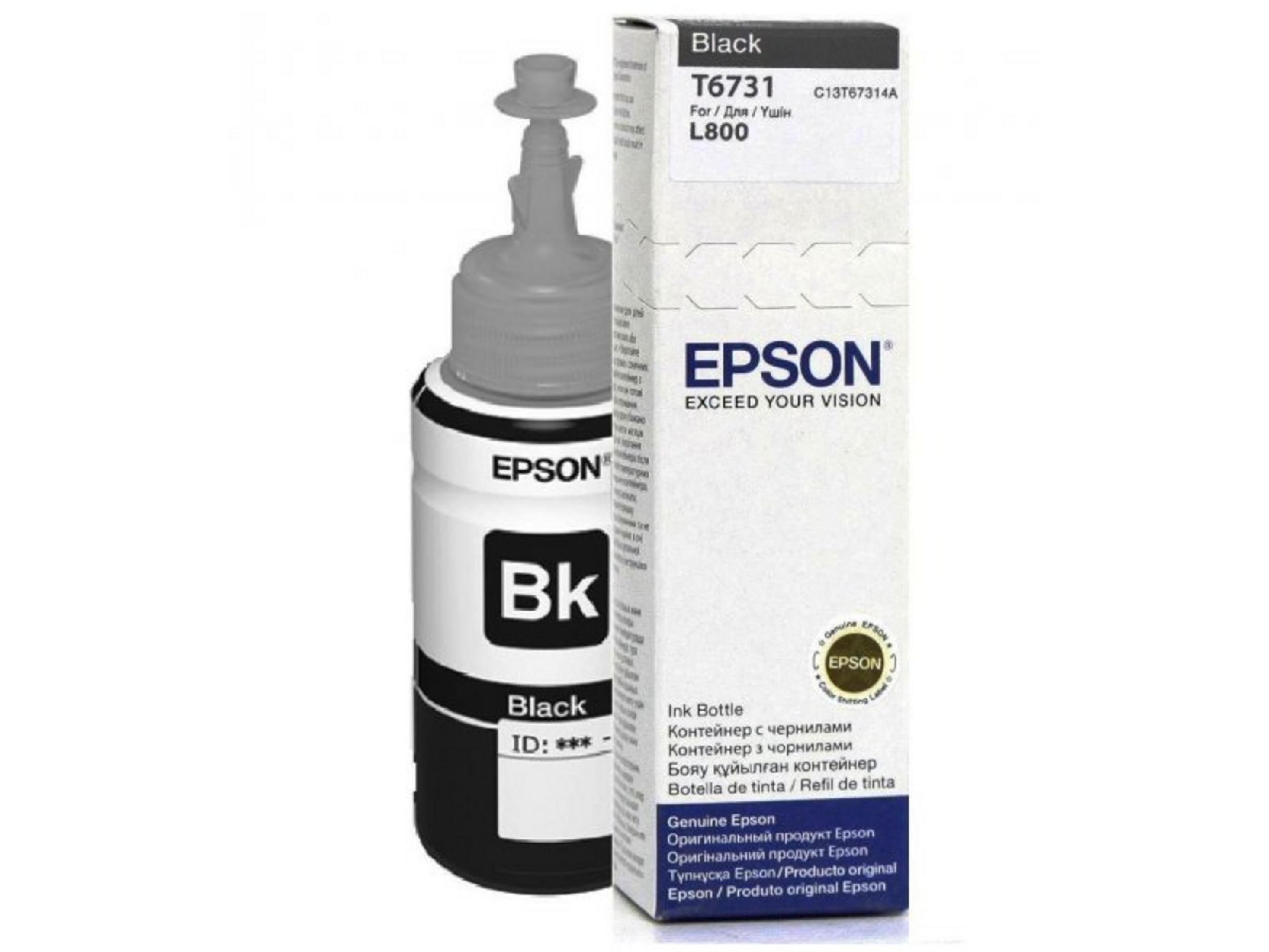 Zwarte EPSON T6731 inktfles en verpakking.