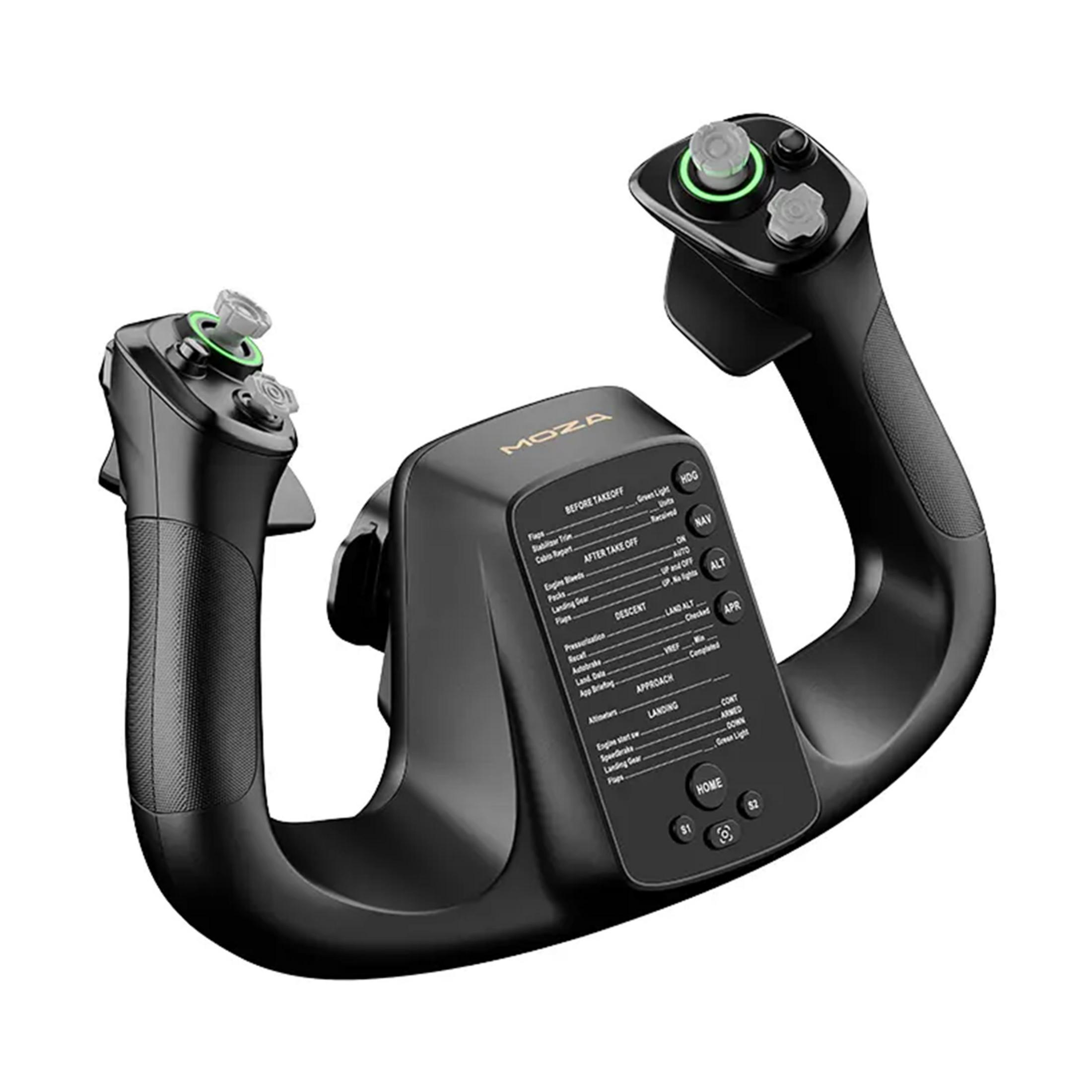 Un cruscotto nero per simulatore di volo con pulsanti e display.
