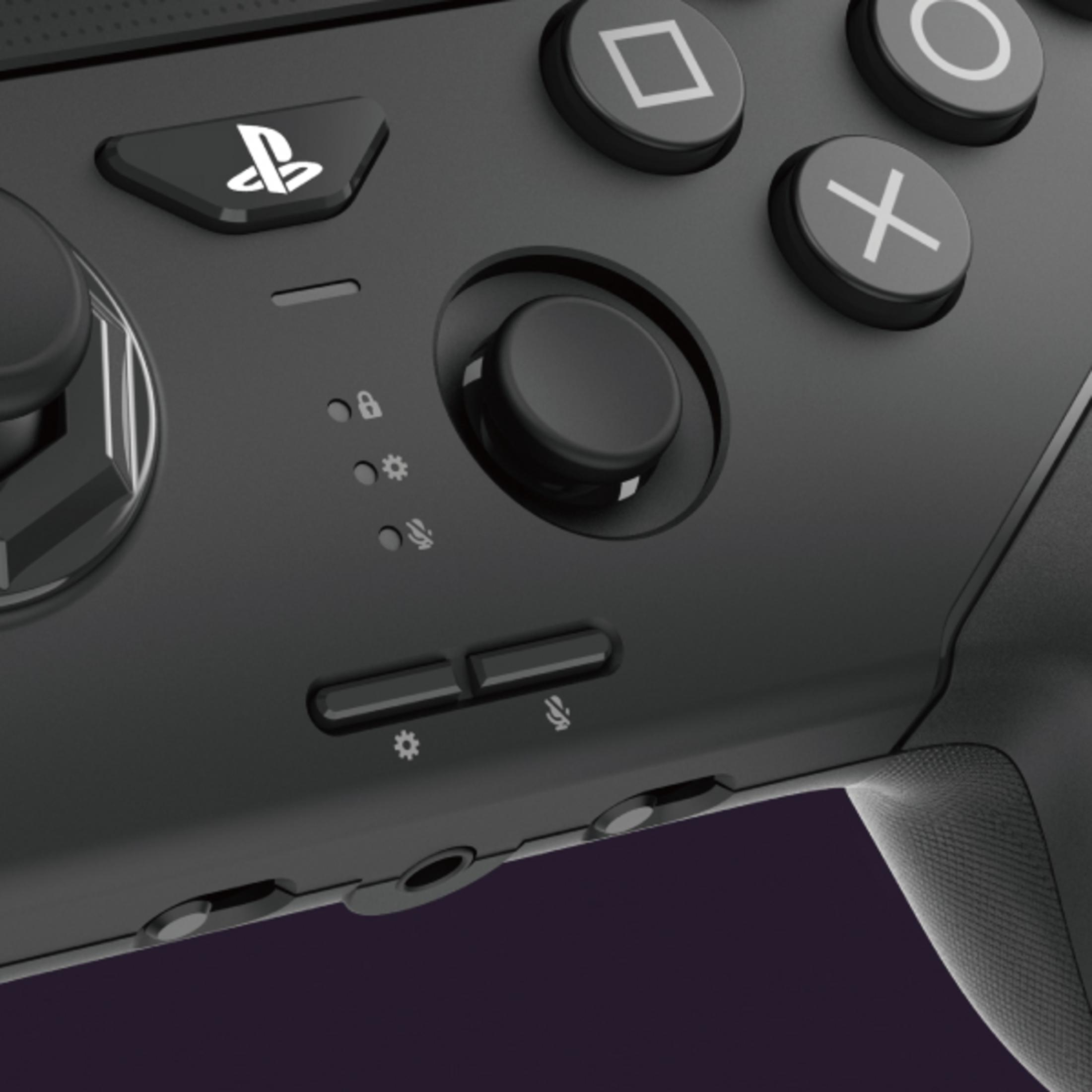 Szary kontroler PlayStation z podświetlanymi symbolami i przyciskami.