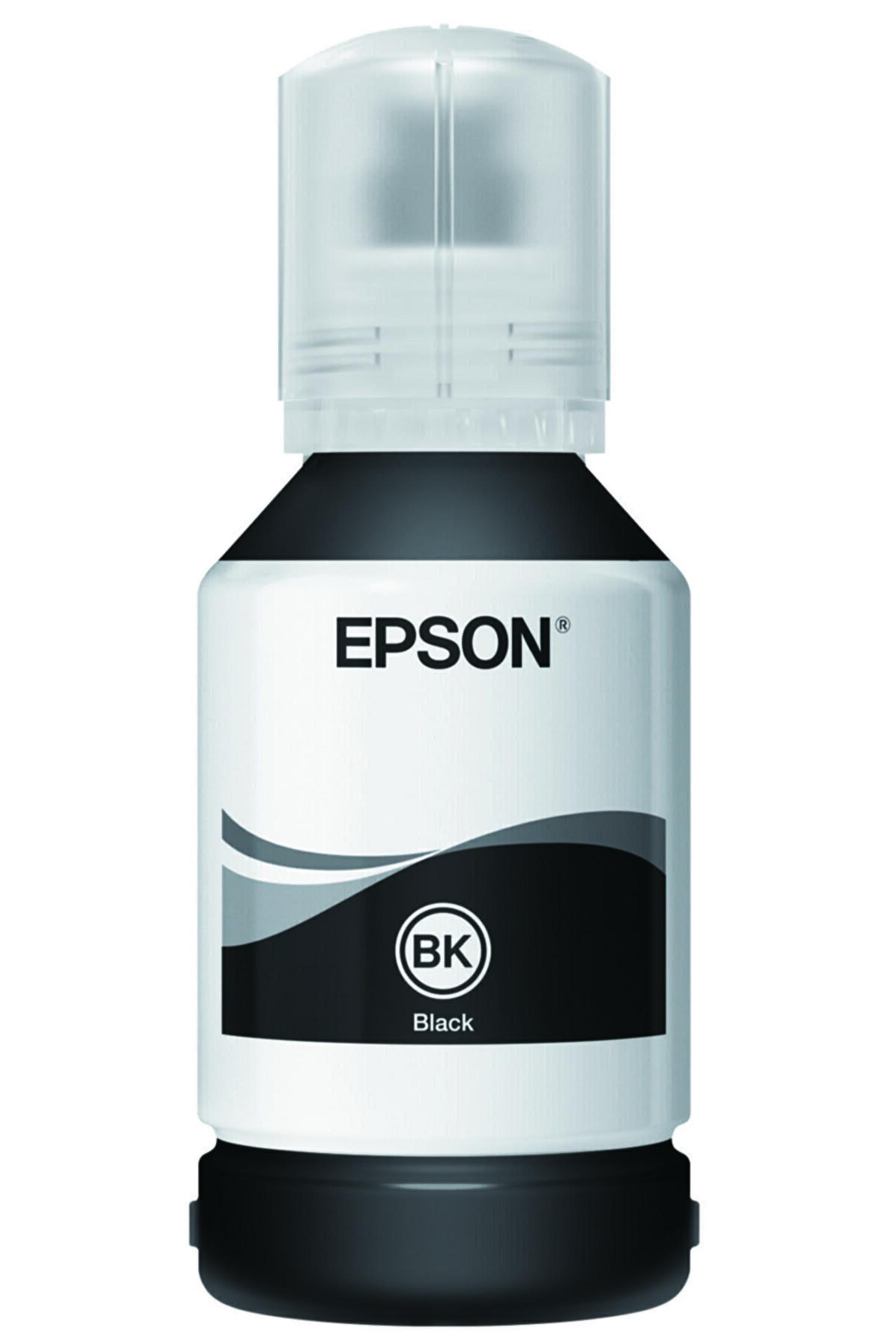 Czarna butelka z tuszem Epson z przezroczystą nakrętką i czarną etykietą.