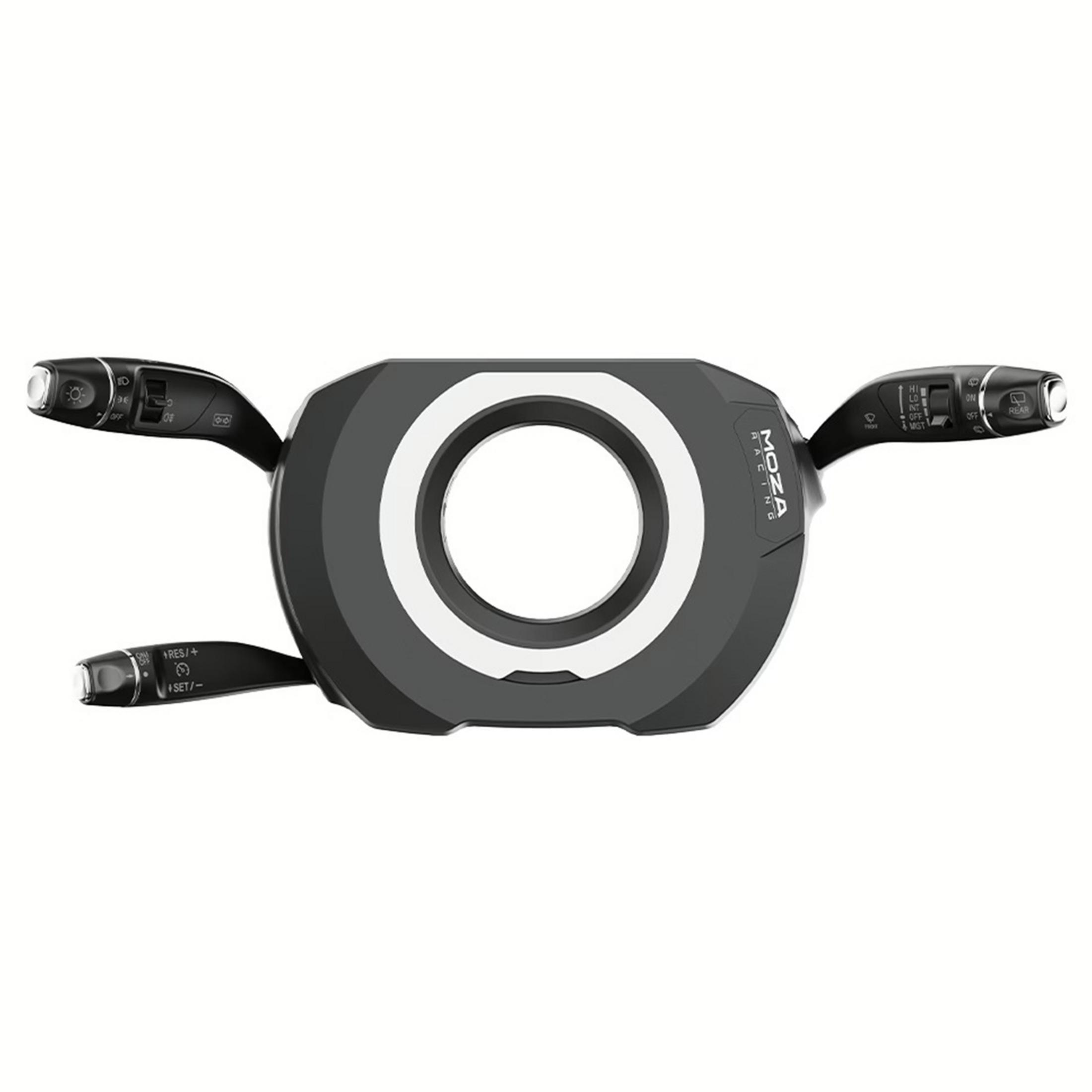 Un mozzo del volante nero con controlli e un anello bianco.