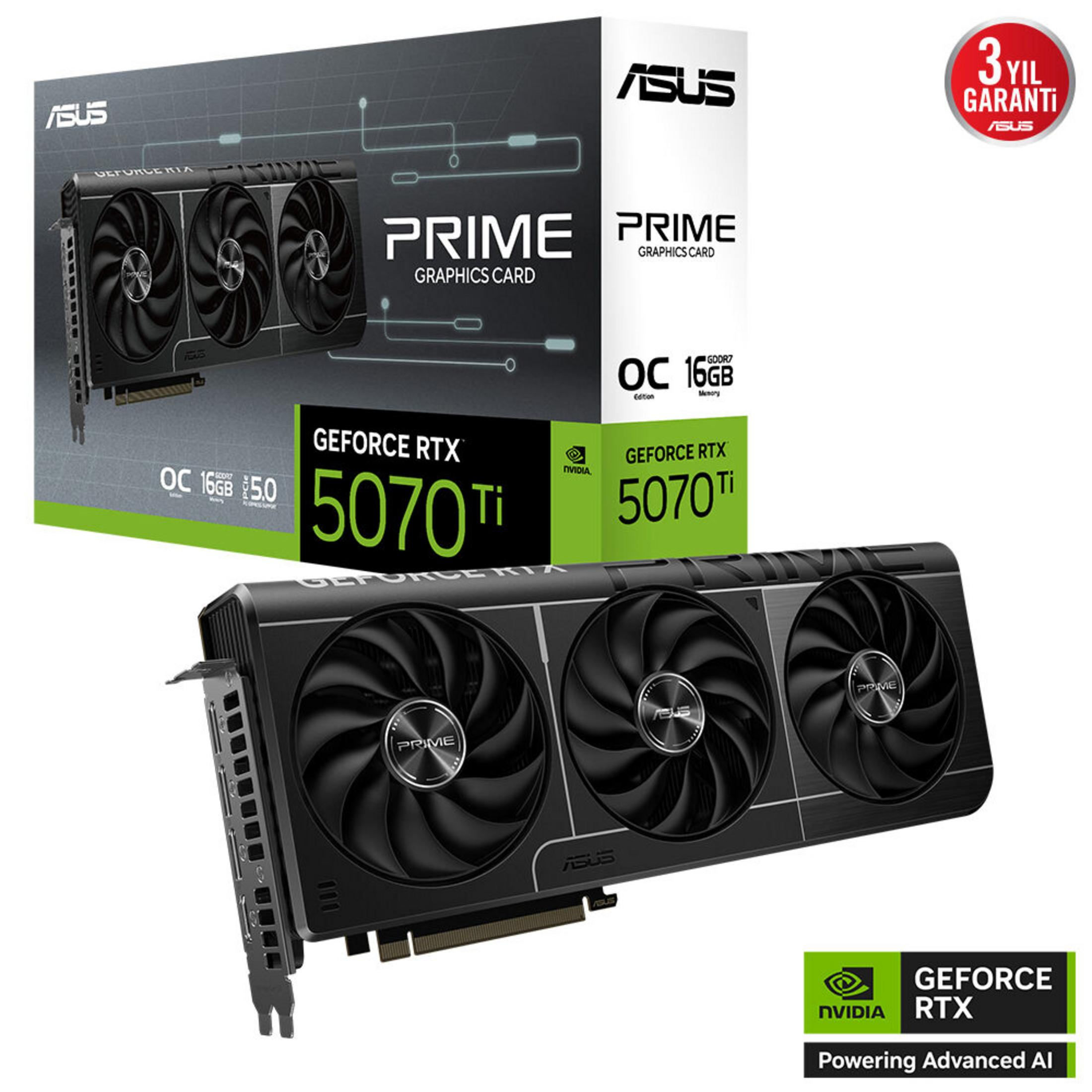 Karta graficzna ASUS GeForce RTX 5070 Ti z trzema wentylatorami na czarnym opakowaniu.