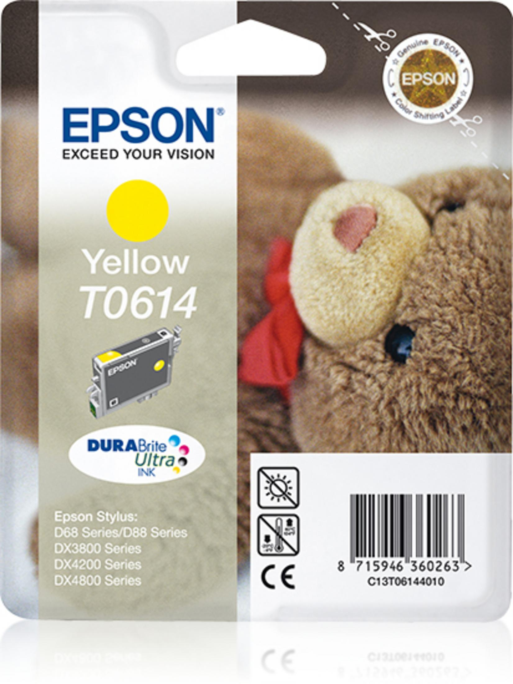 Cartuccia d'inchiostro gialla Epson T0614 accanto a un orsacchiotto.