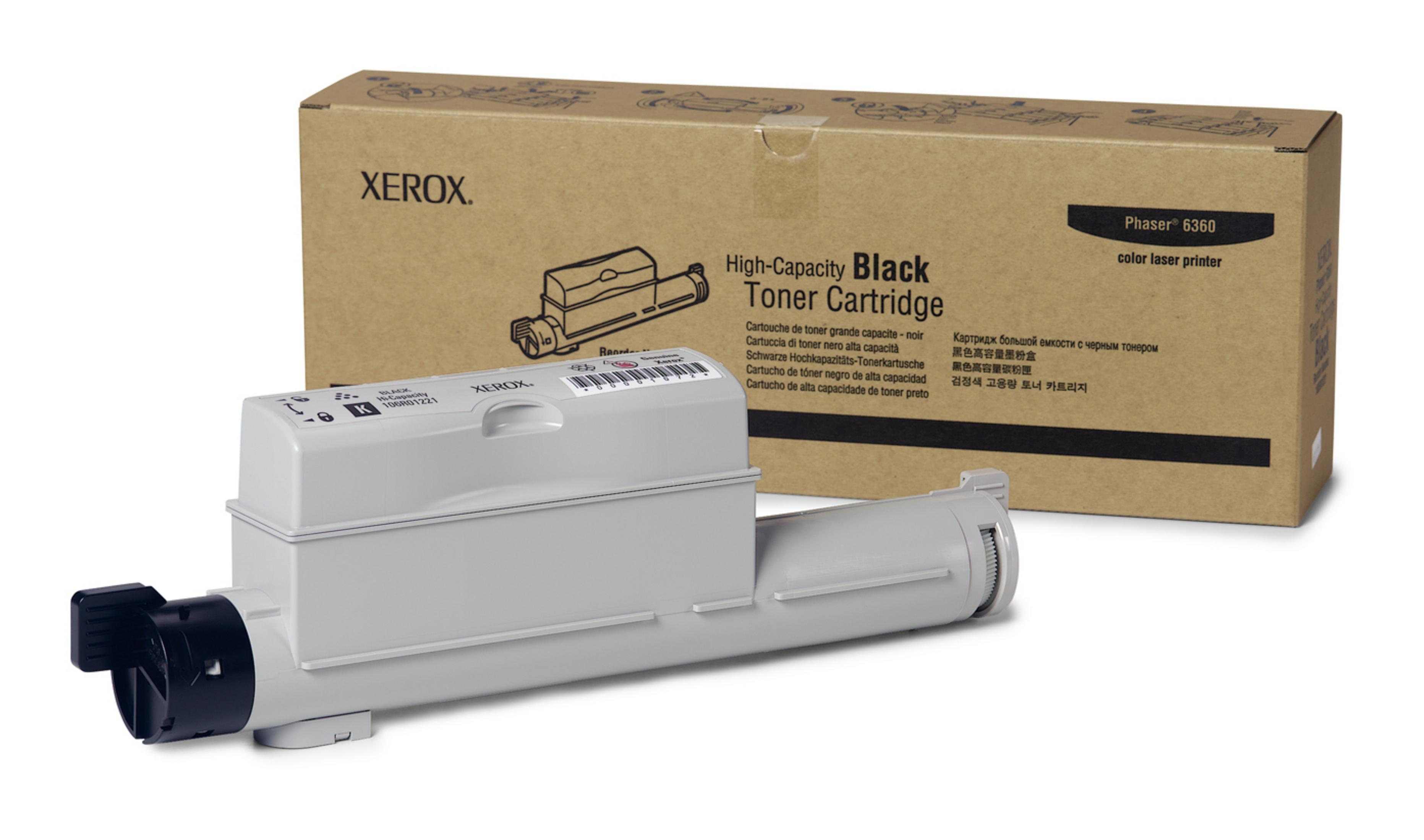Cartuccia toner Xerox nero alta capacità e la sua scatola.