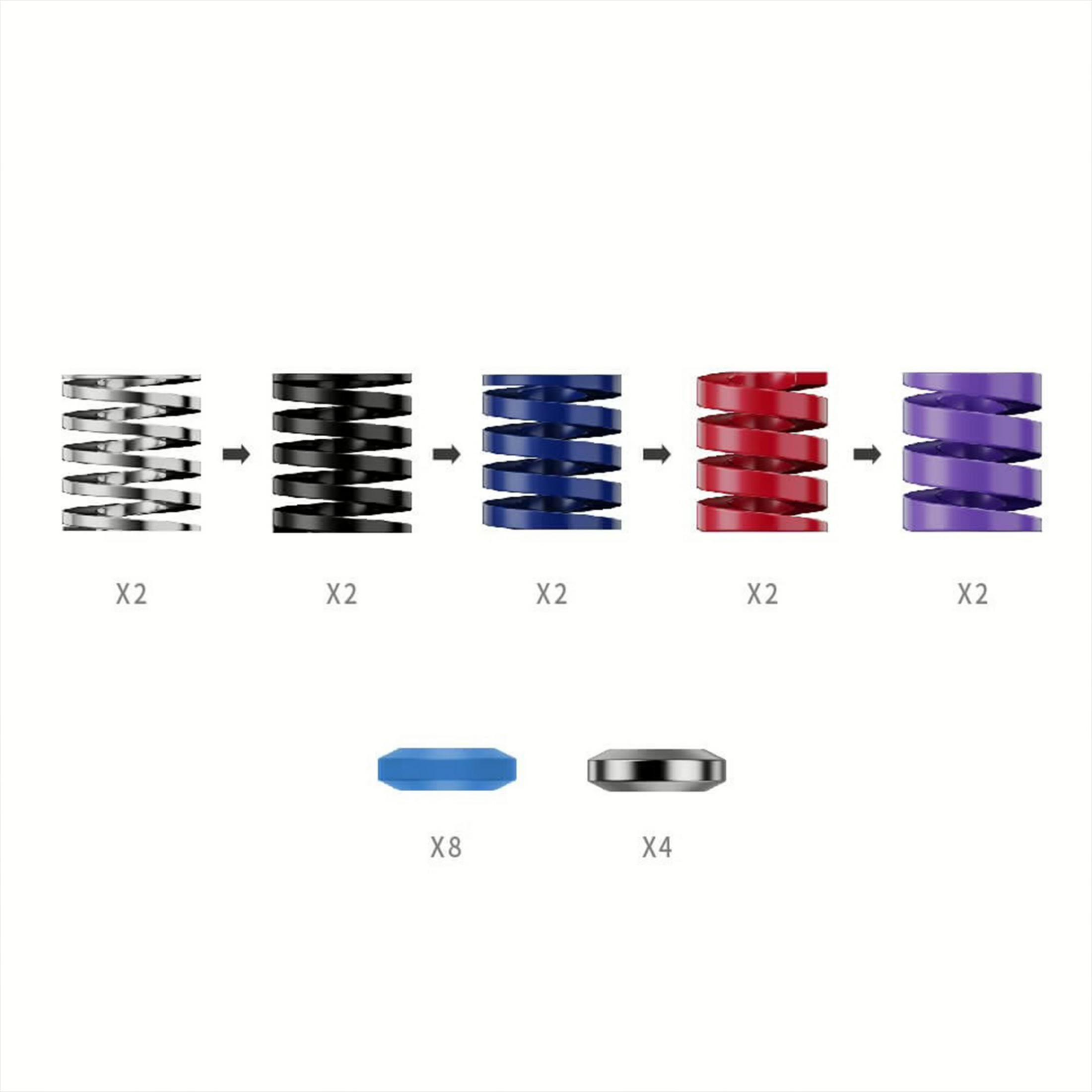 Cinque molle colorate (argento, nero, blu, rosso, viola) e due tipi di rondelle.