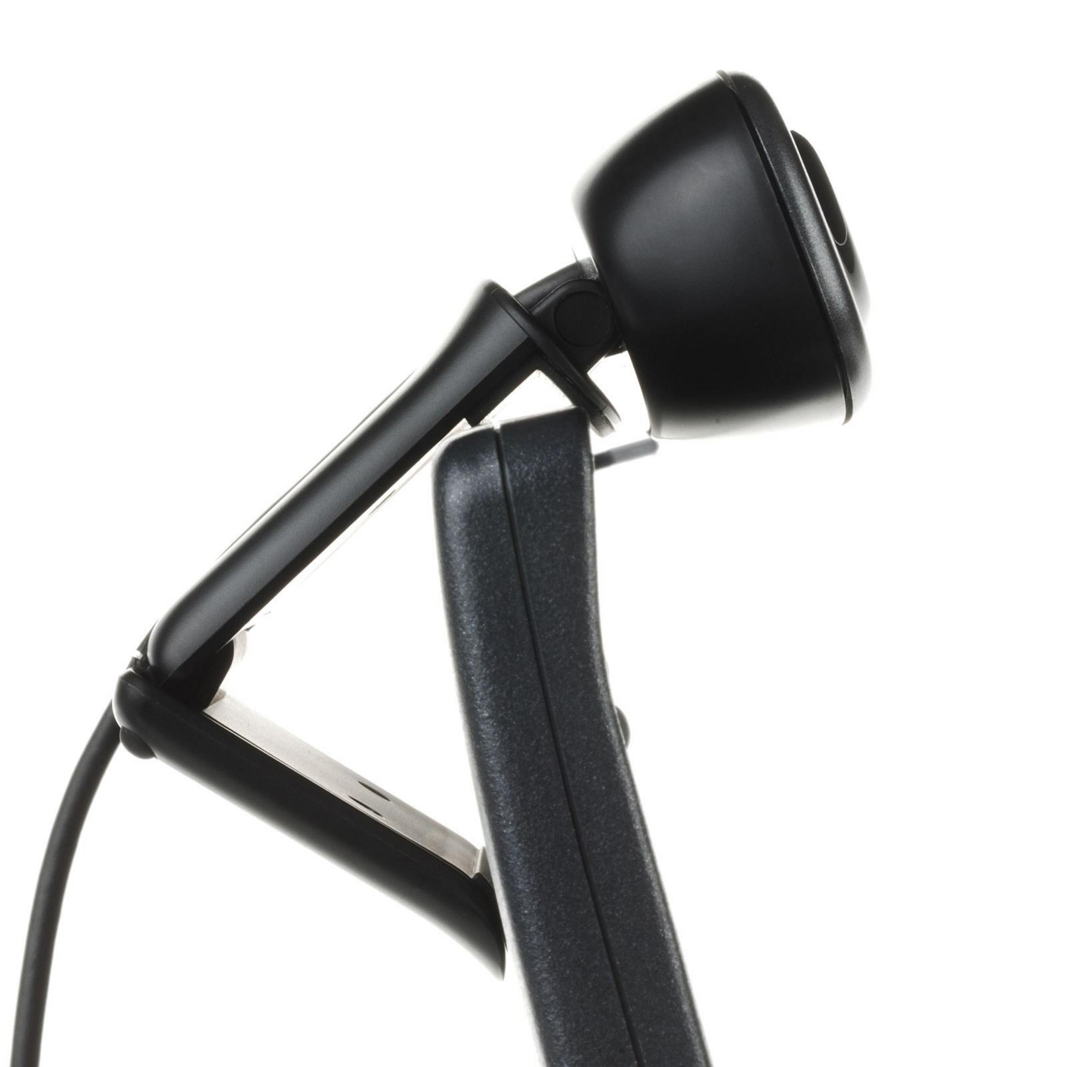 Czarna kamera internetowa z kablem i podstawką na białym tle.