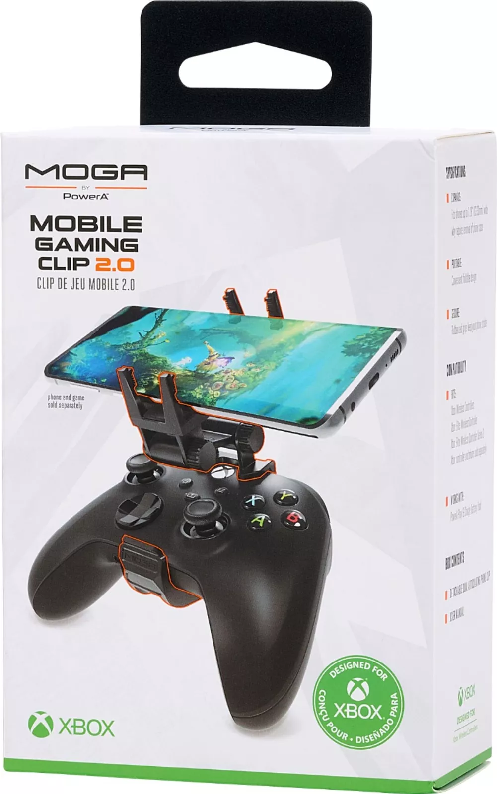 Czarny kontroler Xbox z klipsem na smartfona i podłączonym telefonem.