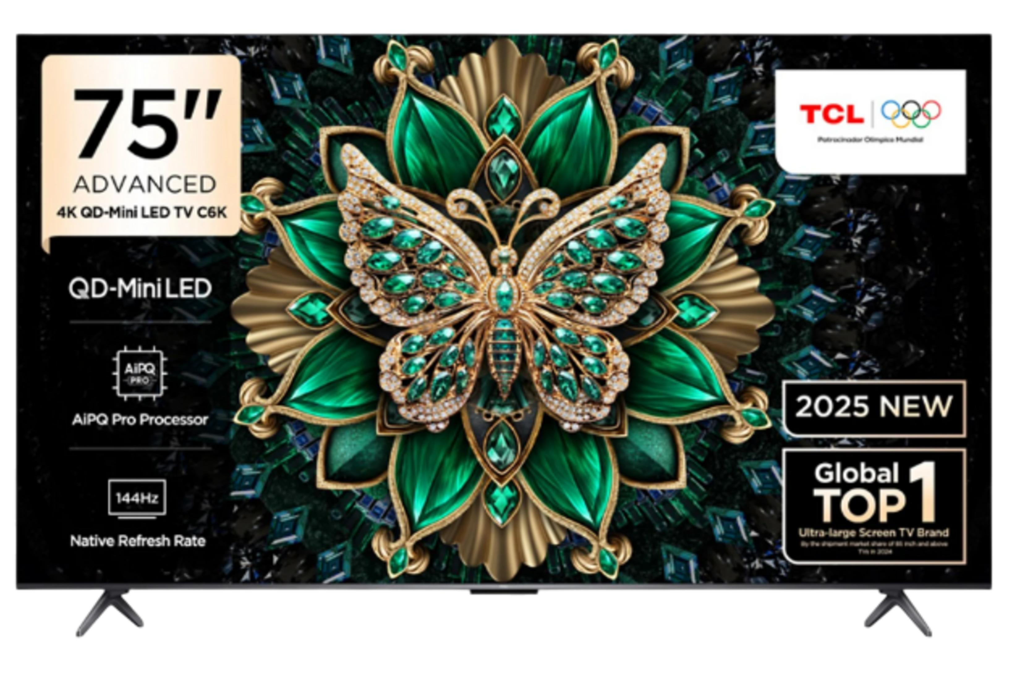 Altın aksesuarlı kelebek tasarımlı 75 inç 4K QD-Mini LED TV.
