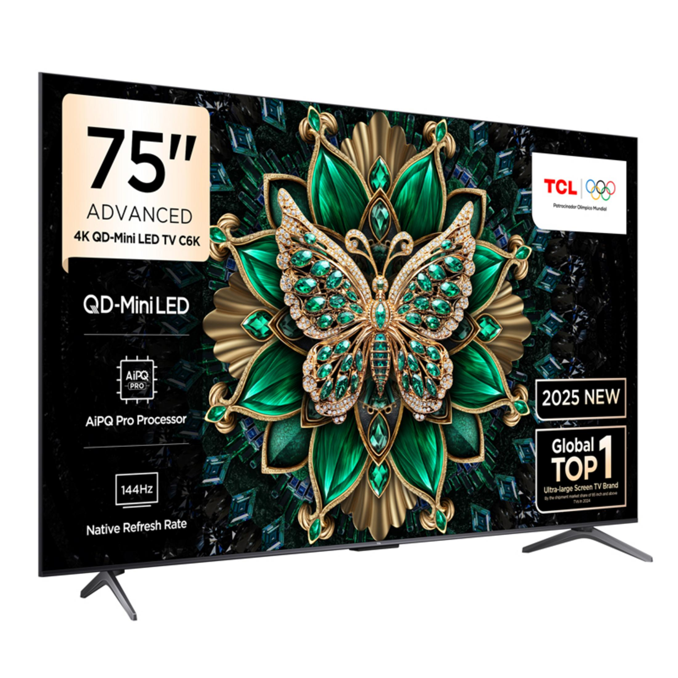Kelebek tasarımlı ve Olimpik sponsor logosuna sahip 75 inç QD-Mini LED TV.