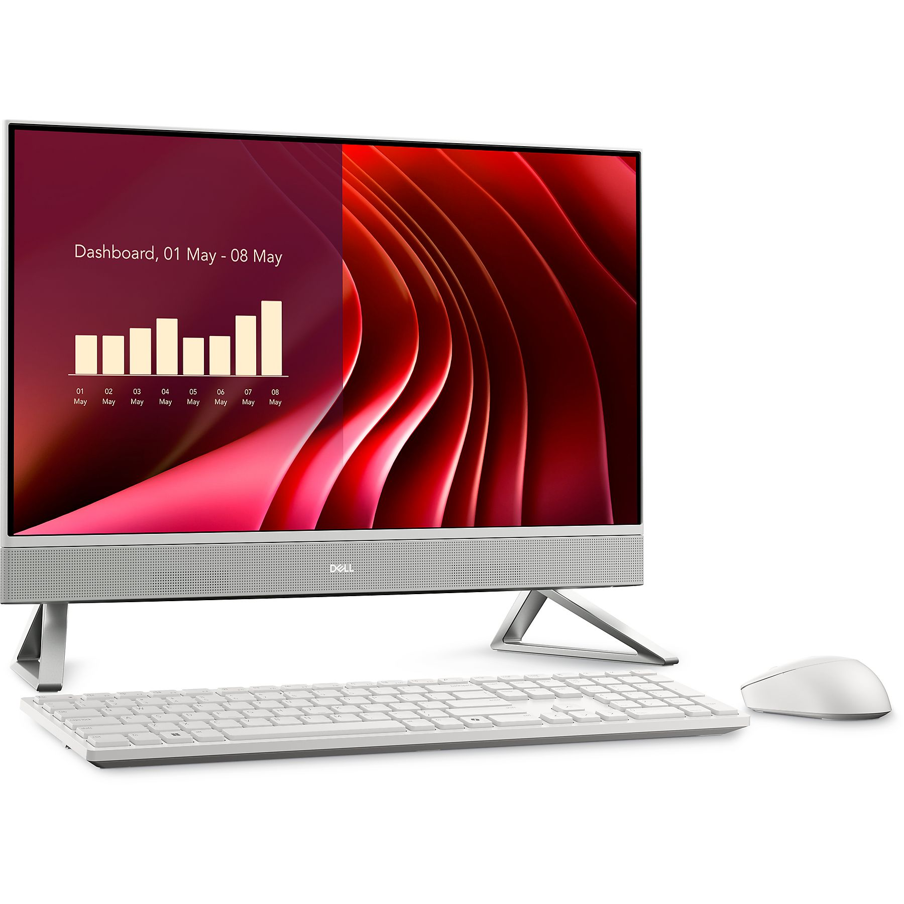 Ein weißer Dell All-in-One-Computer mit Tastatur und Maus.
