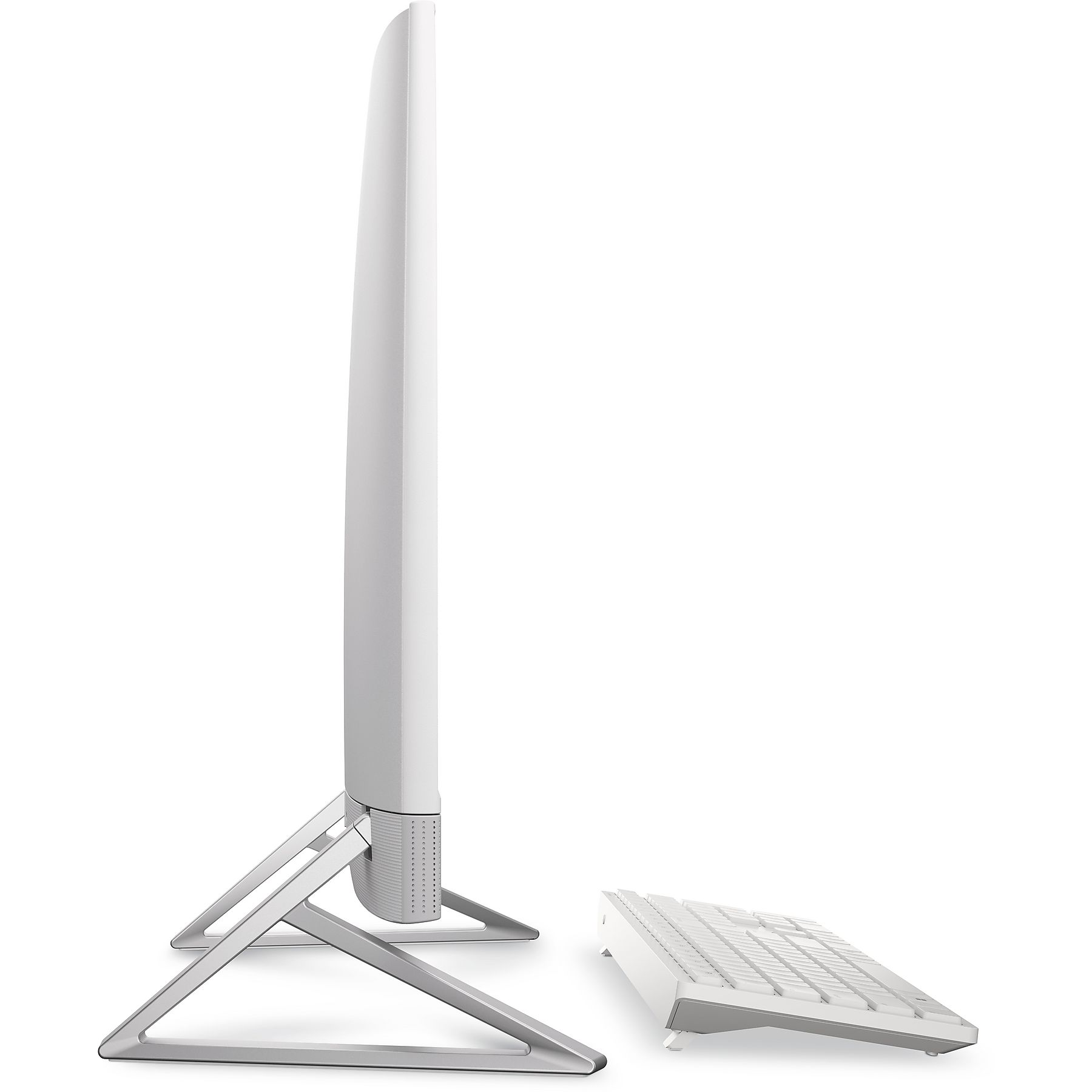 Ein schlankes, weißes All-in-One-Computermonitor mit silbernem Ständer und Tastatur.