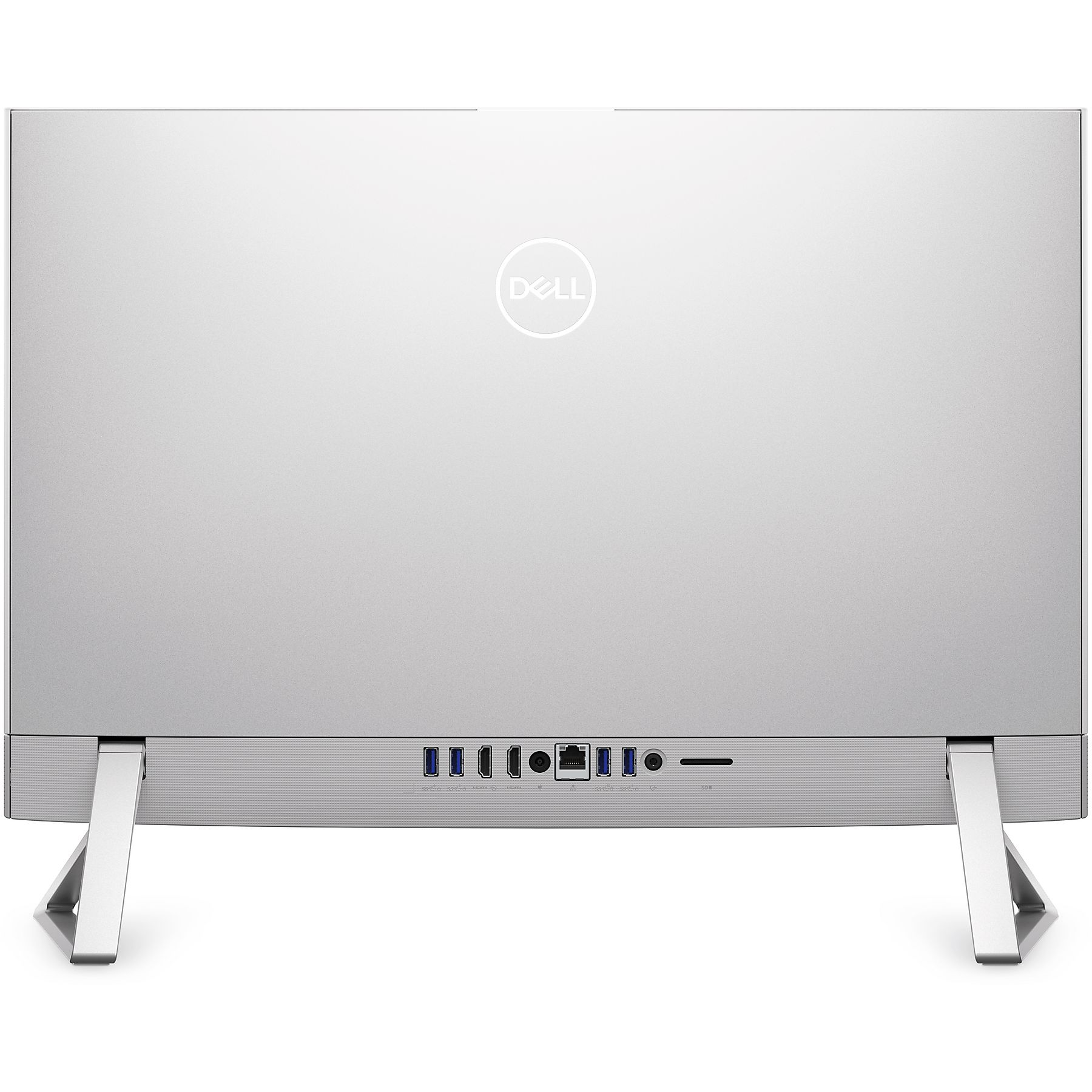 Rückseite eines silbernen Dell All-in-One-Computers mit Anschlüssen und Ständern.