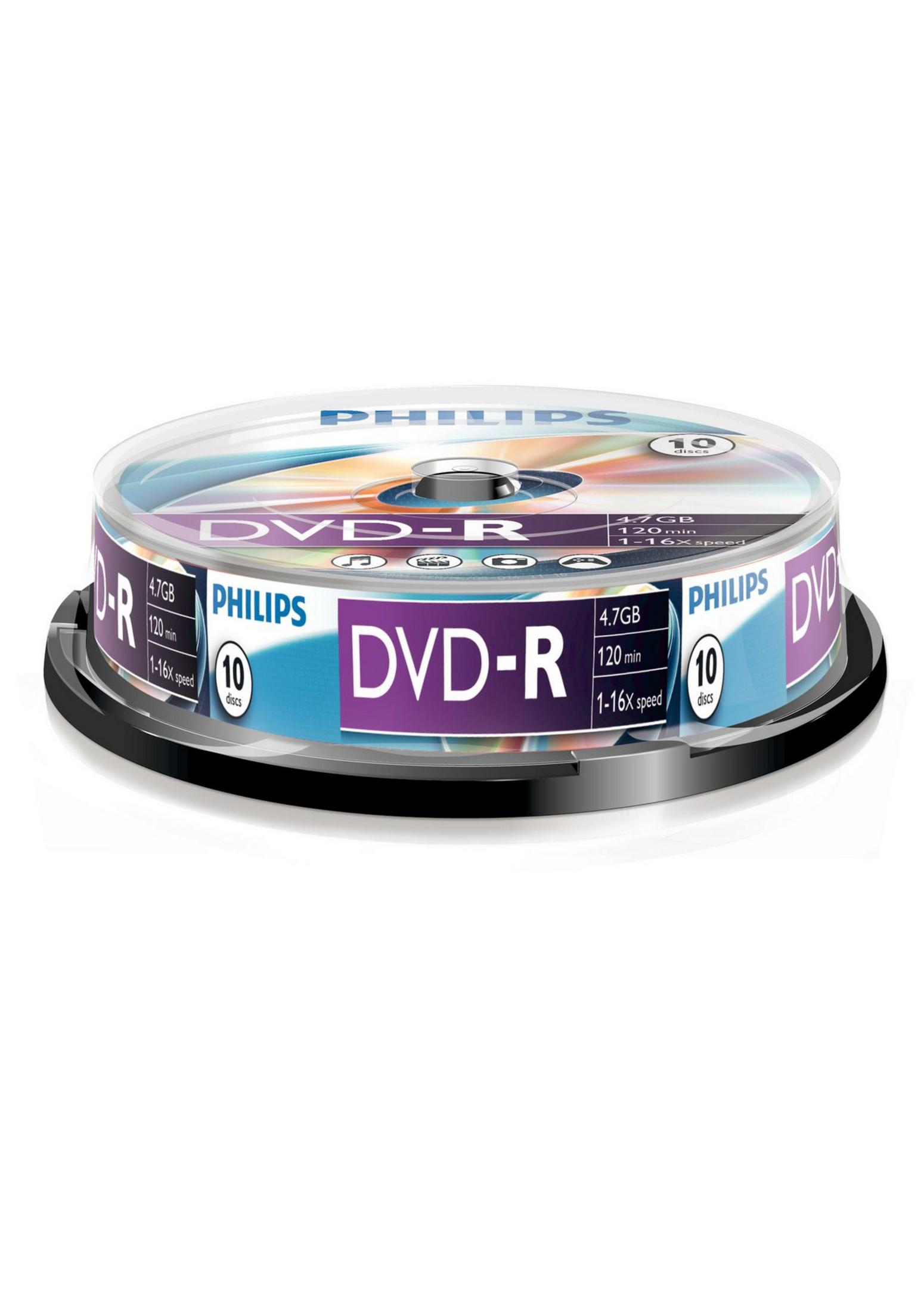 Zestaw 10 sztuk DVD-R Philips, pojemność 4,7 GB, prędkość 1-16x.
