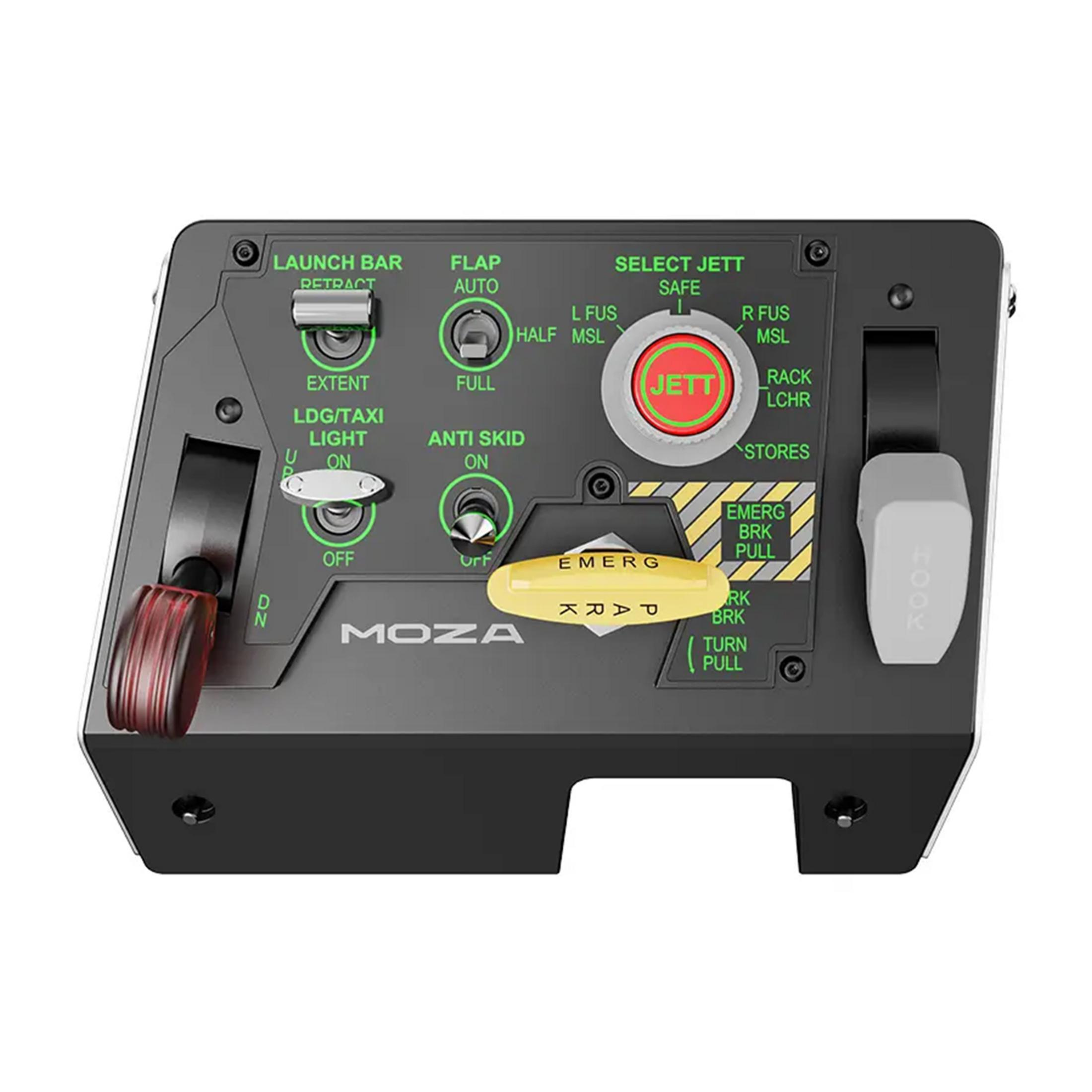 A gray flight simulator panel with numerous switches, buttons, and labels.