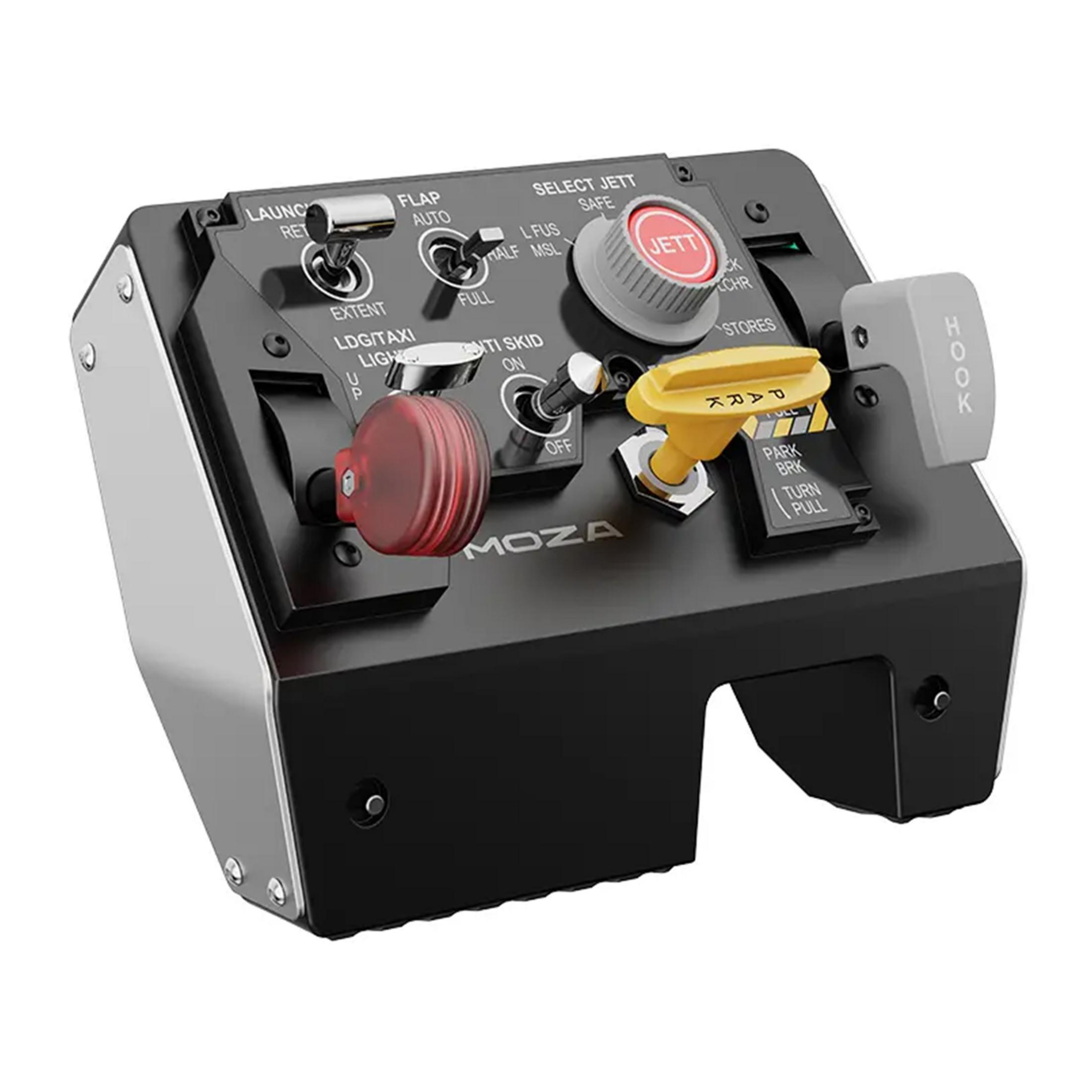 A black control panel featuring switches, knobs, and a red emergency stop button.