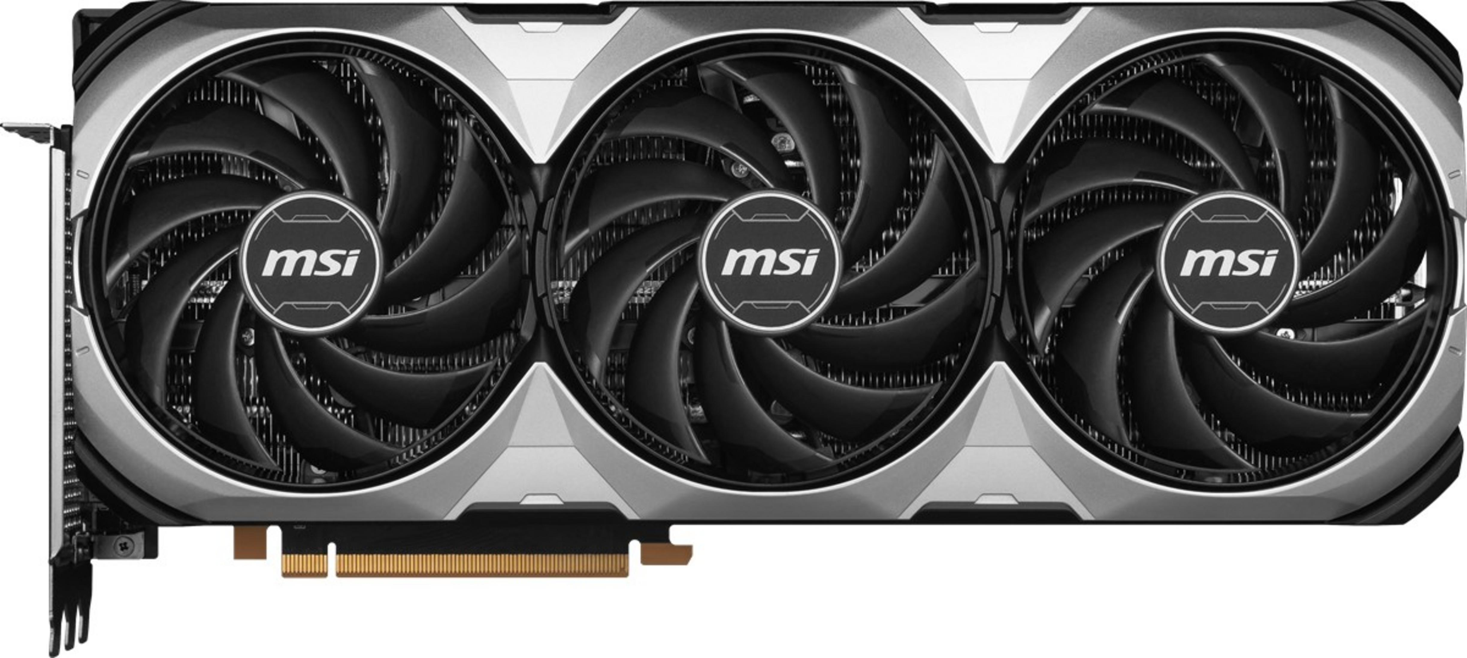 Eine MSI-Grafikkarte mit drei Lüftern und silbernem Gehäuse.