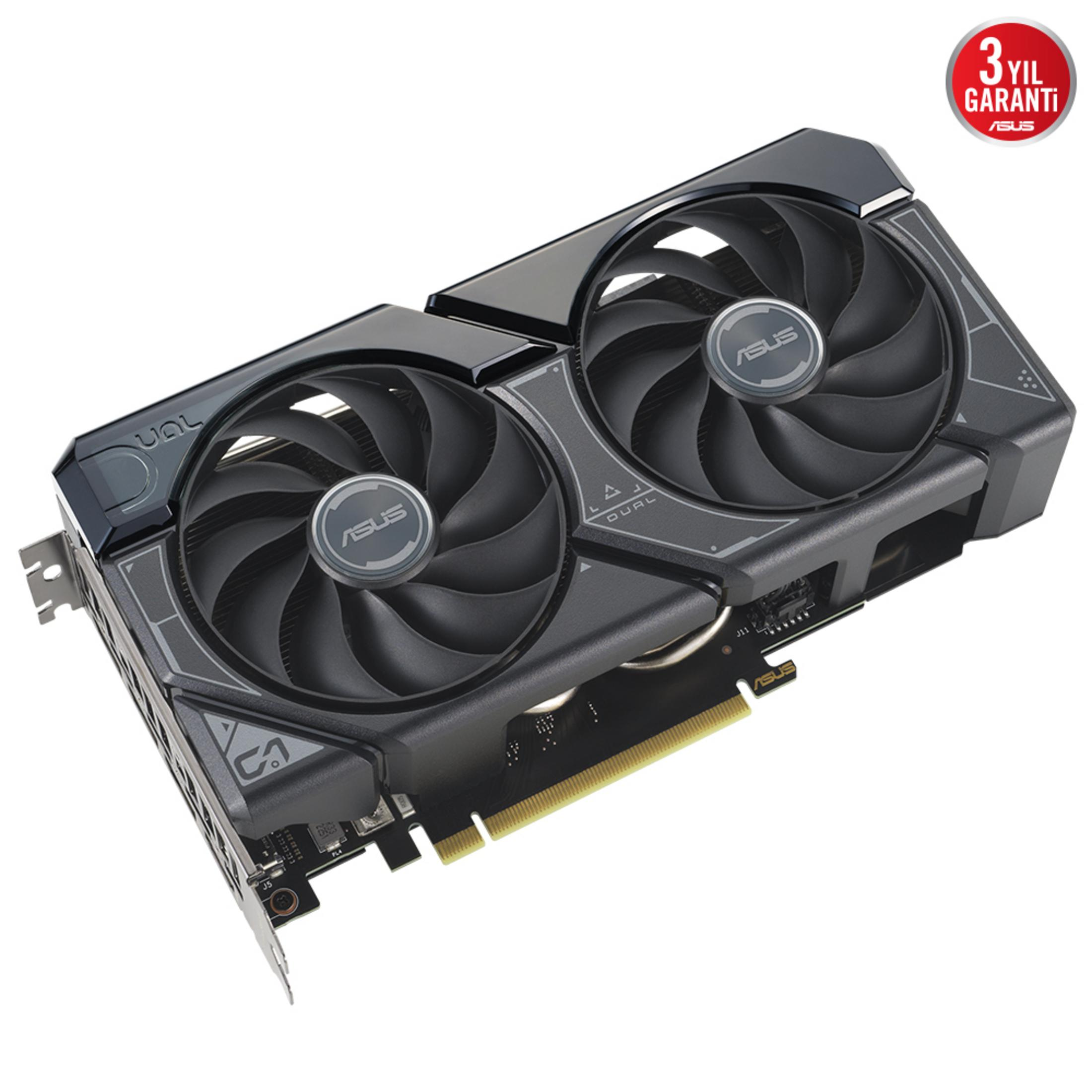Una scheda grafica ASUS nera con due ventole e un connettore dorato è angolata su uno sfondo bianco, con un logo rosso '3 YIL GARANTI'.