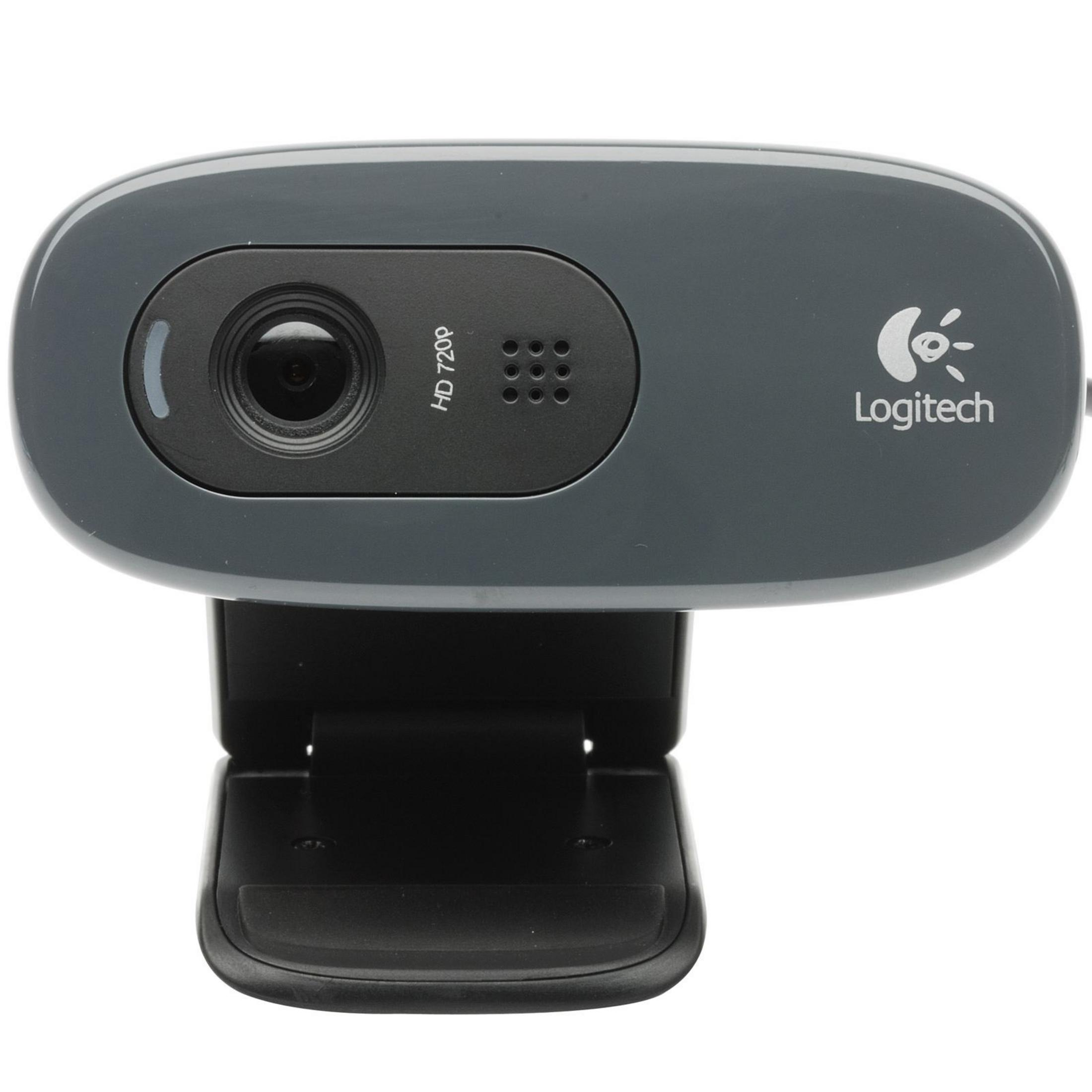 Mikrofonlu ve yerleşik HD 720p kameraya sahip gri Logitech web kamerası.