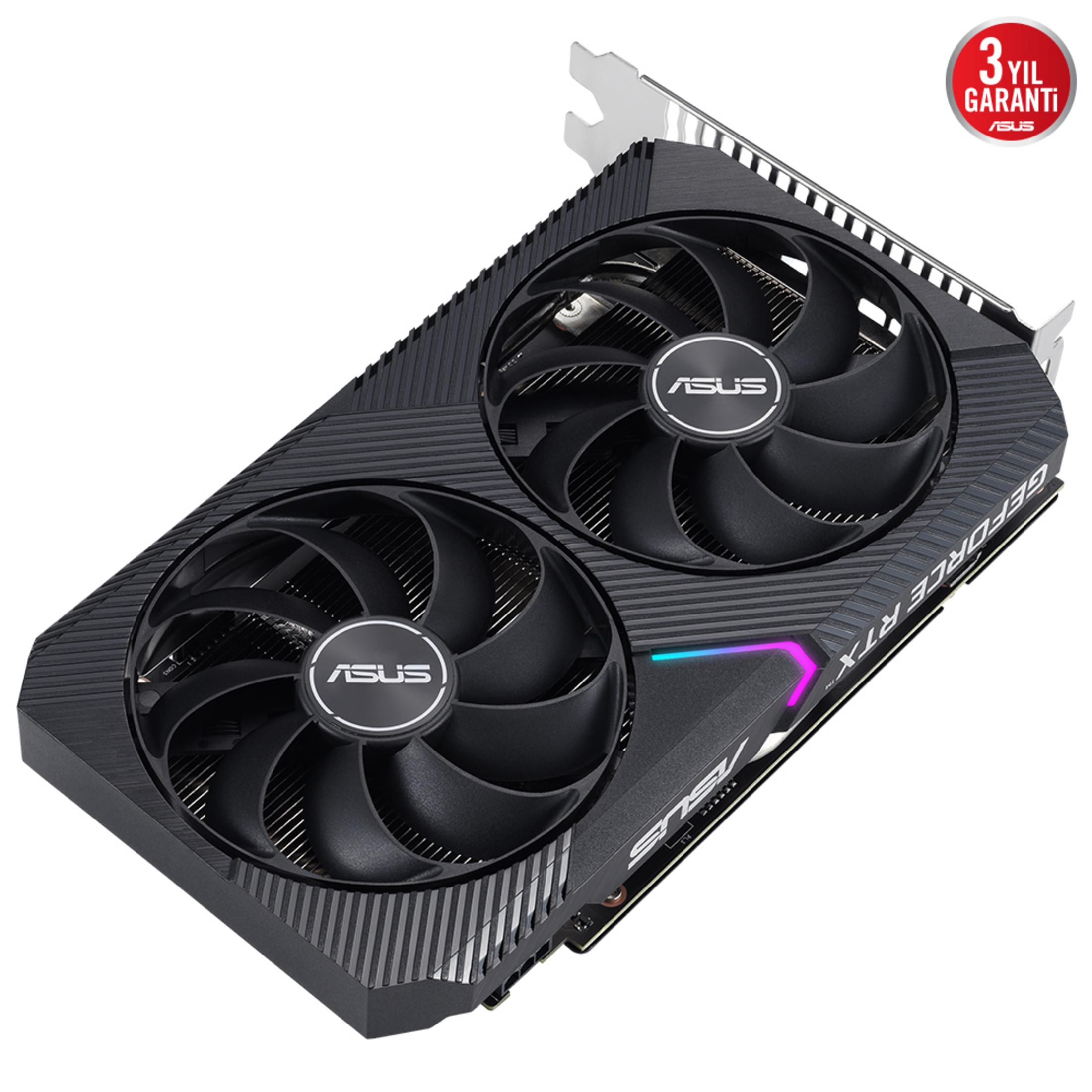 A black Asus graphics card with two fans and RGB lighting.