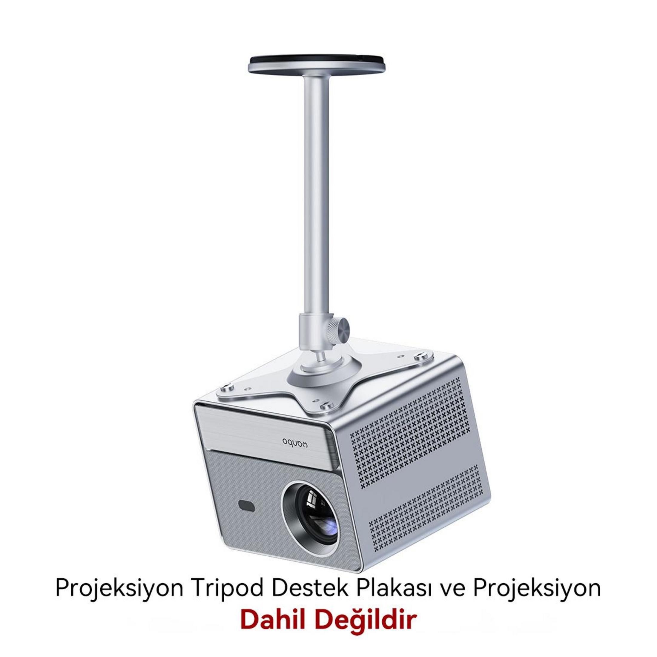 Srebrny projektor na uchwycie sufitowym, projektor nie jest objęty.