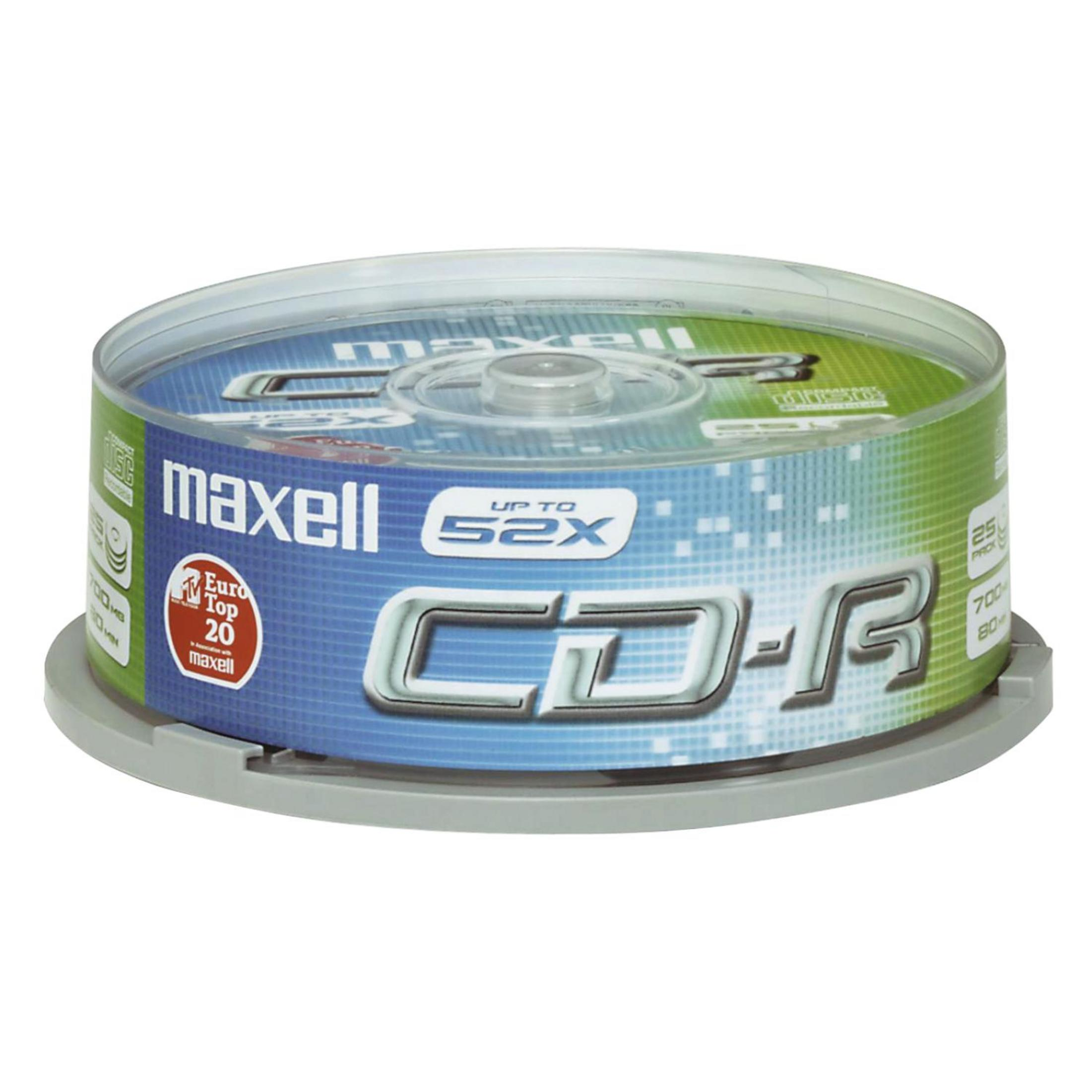 Maxell CD-R Packung mit 25 CDs, 52x Geschwindigkeit, 700 MB Speicherkapazität.