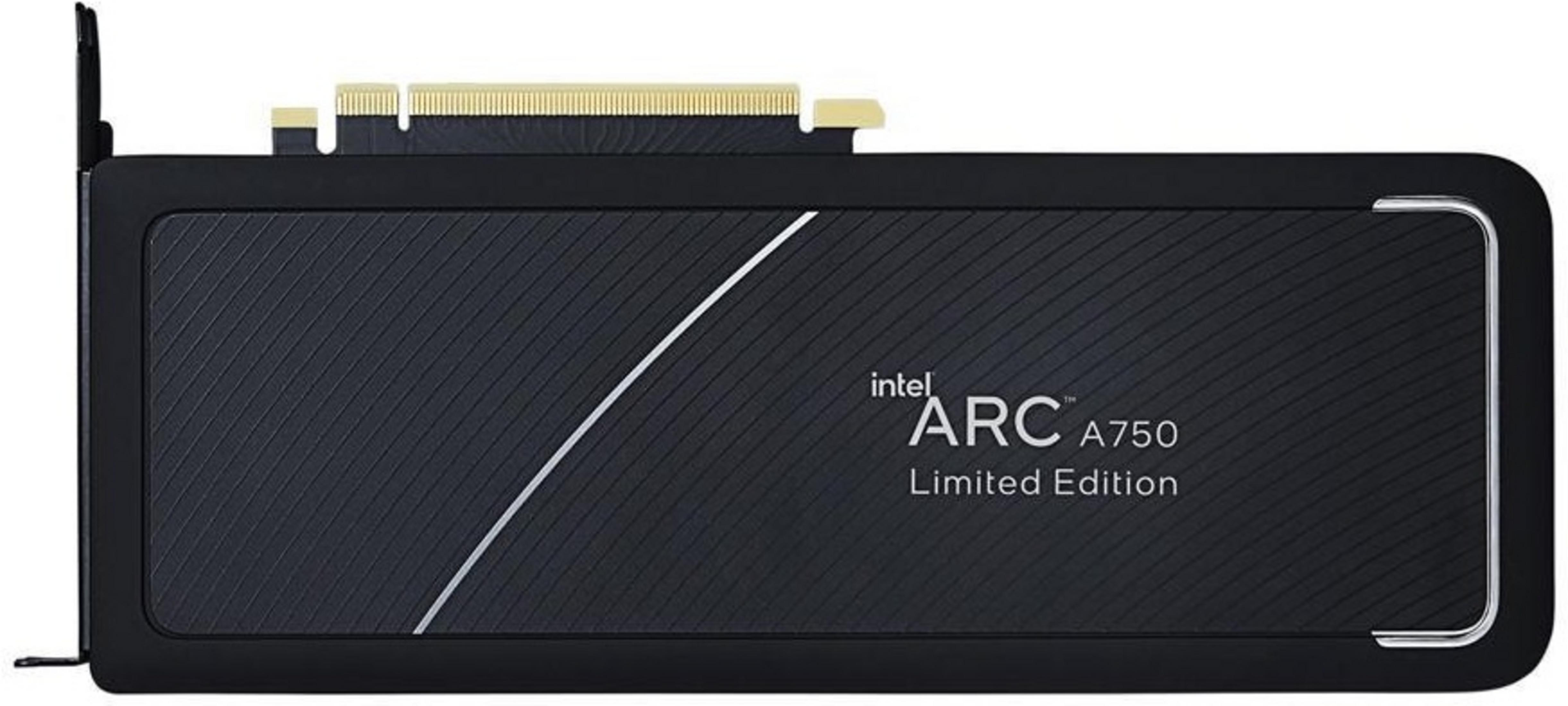 Scheda grafica Intel Arc A750 nera con accenti argentati e connettori.