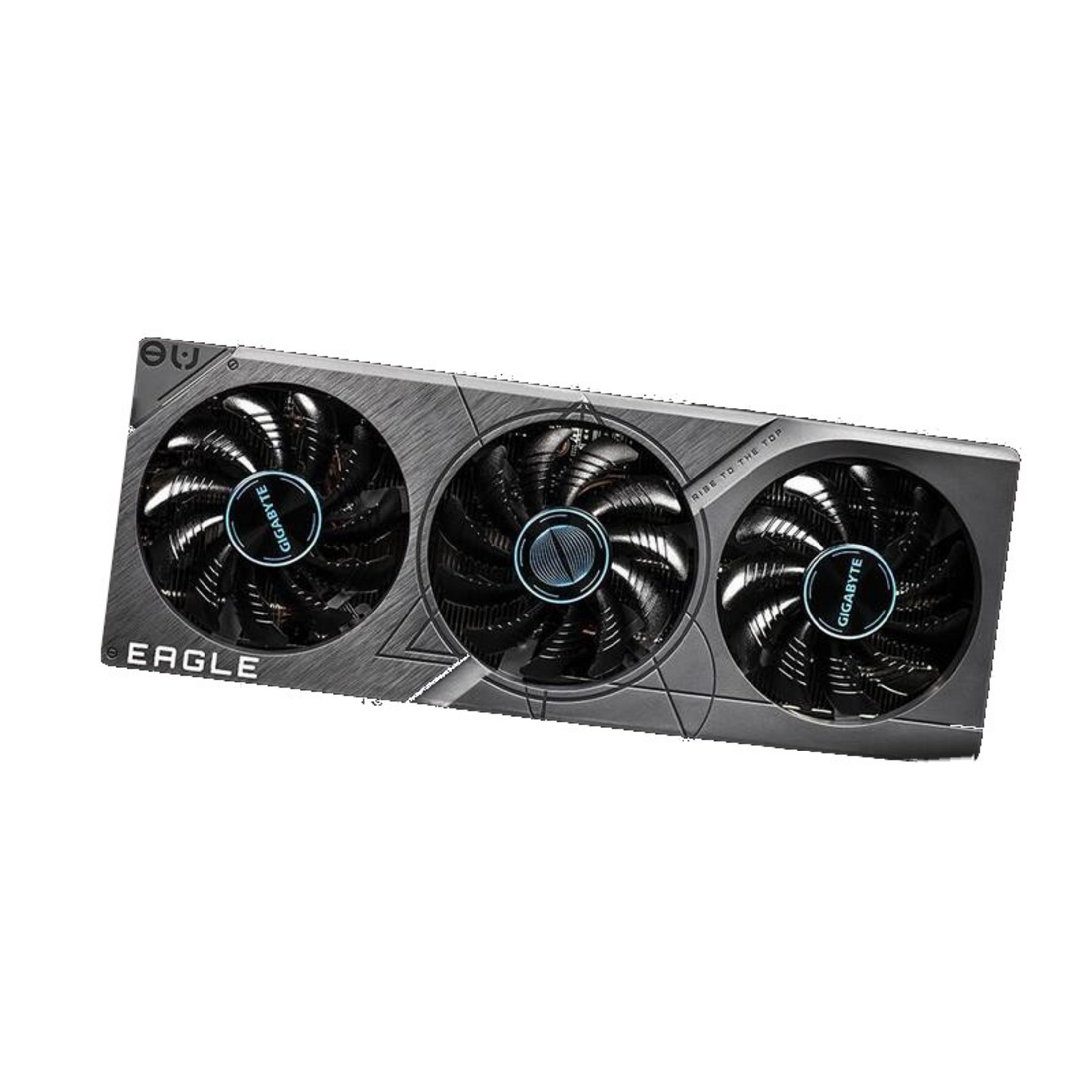 Scheda grafica con tre ventole, logo GIGABYTE e scritta 'EAGLE'.