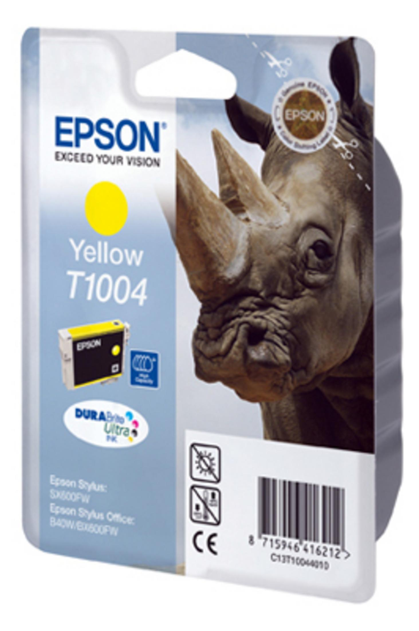 Cartucho de tinta Epson T1004 amarillo con motivo de rinoceronte. Marcado CE.
