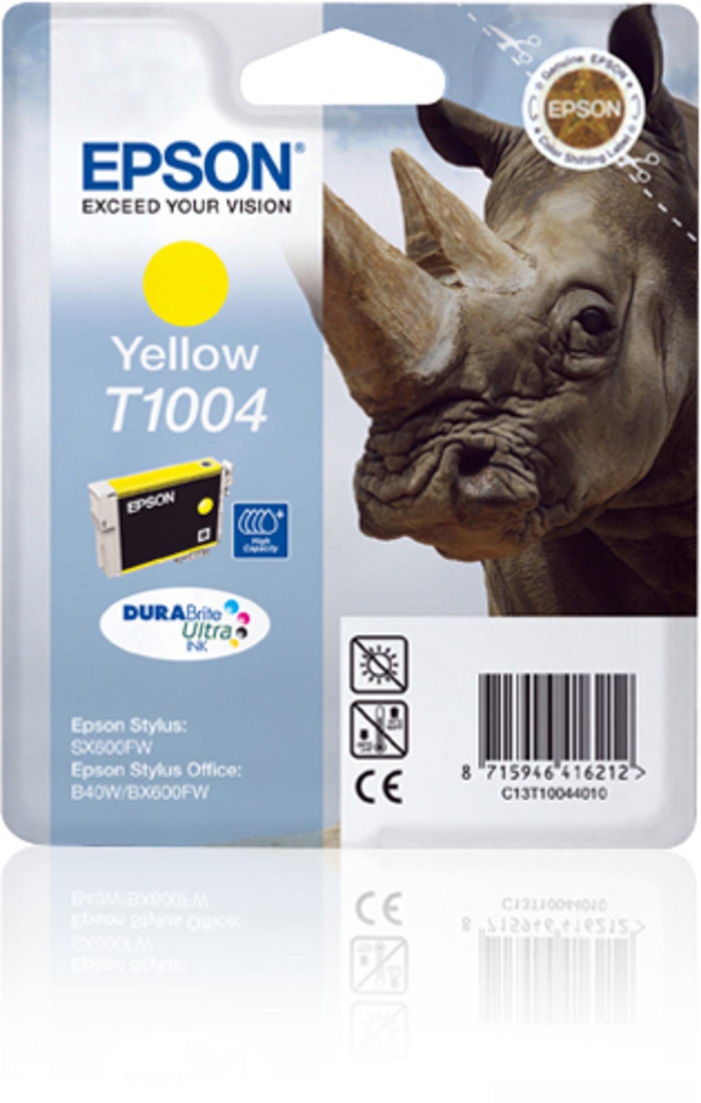 Cartucho de tinta Epson T1004 amarillo con motivo de rinoceronte. Marca CE.