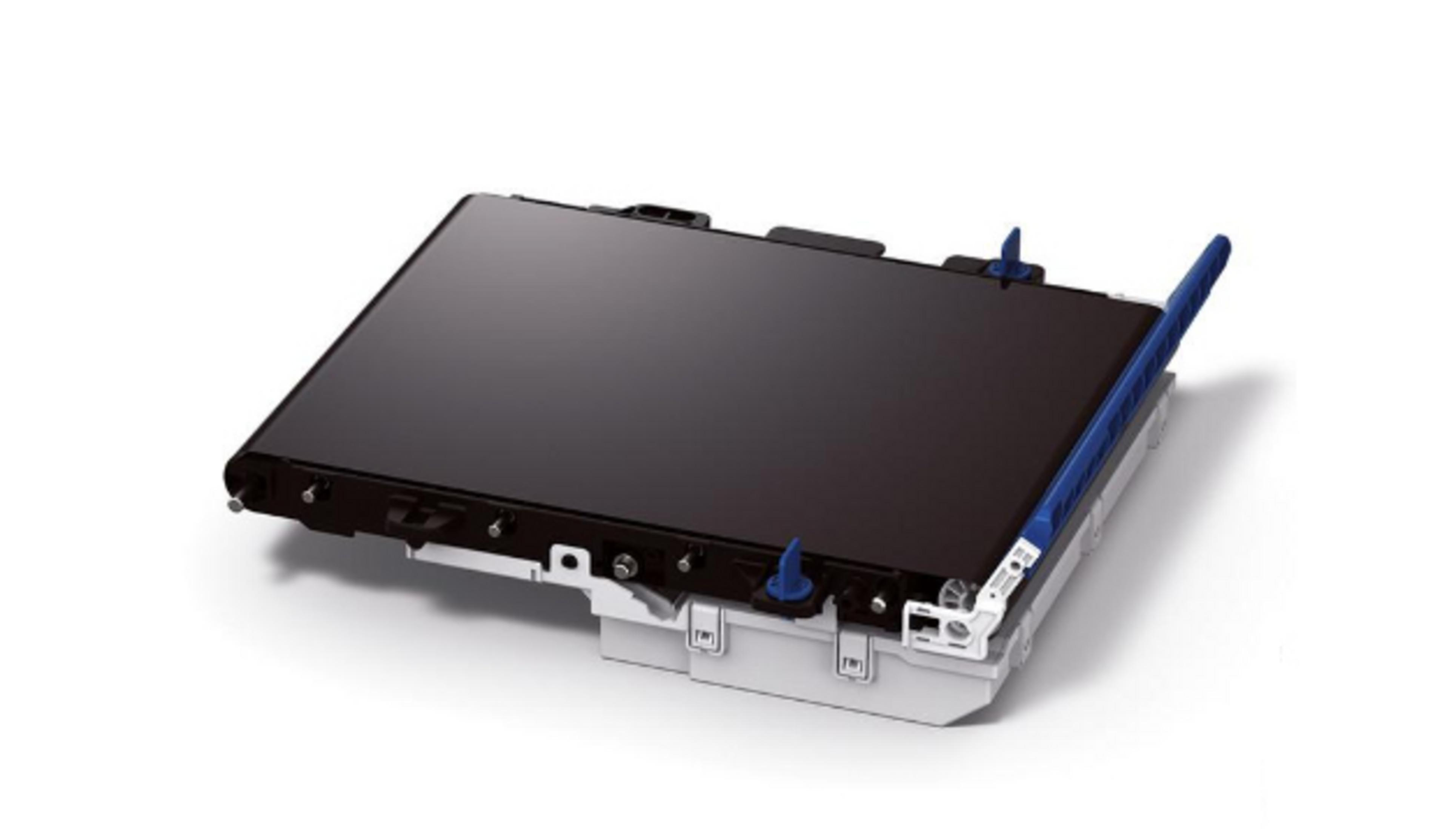 Czarny, płaski moduł z niebieskimi akcentami i metalowymi częściami.