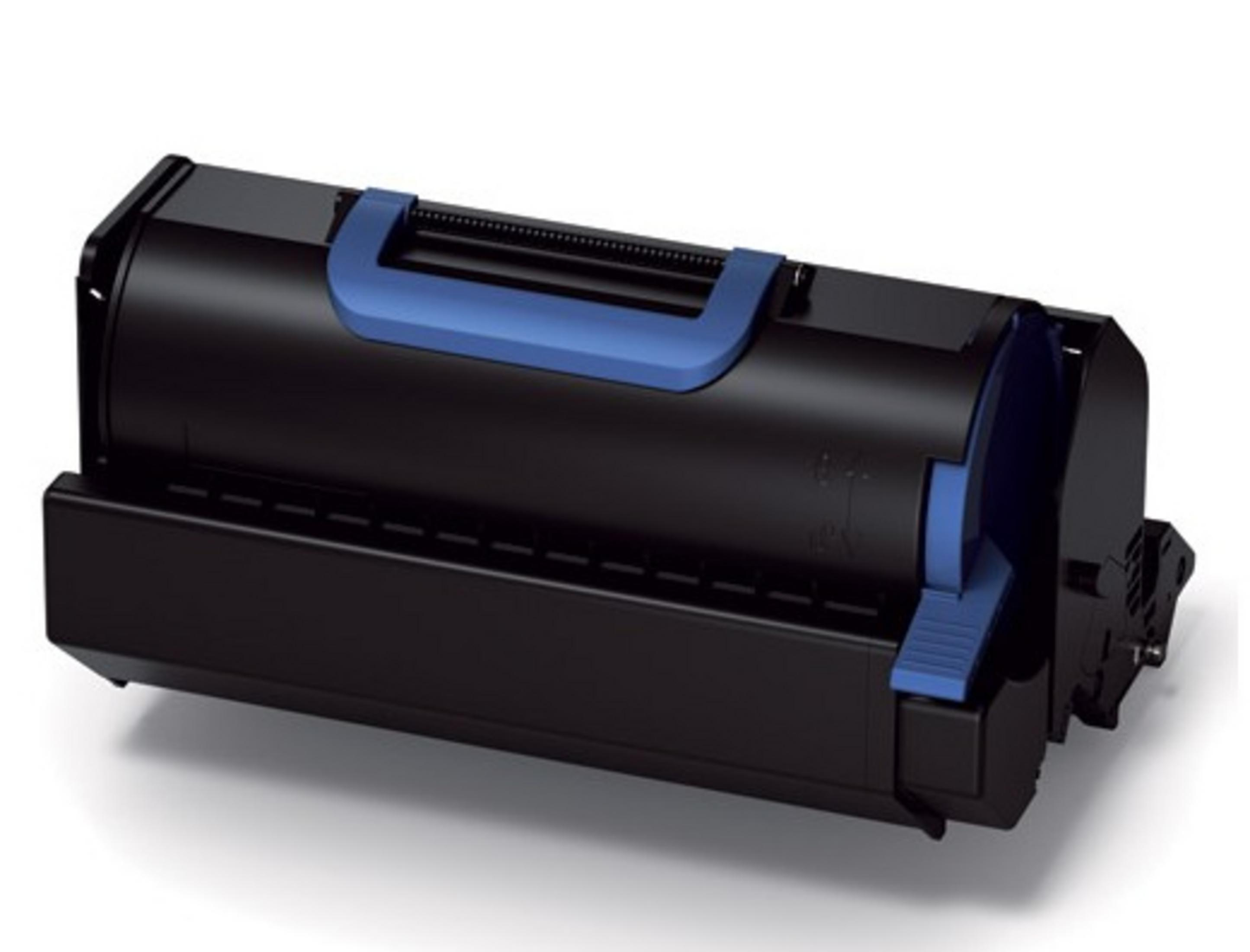 Czarny tusz do drukarki z niebieskim uchwytem na białym tle.