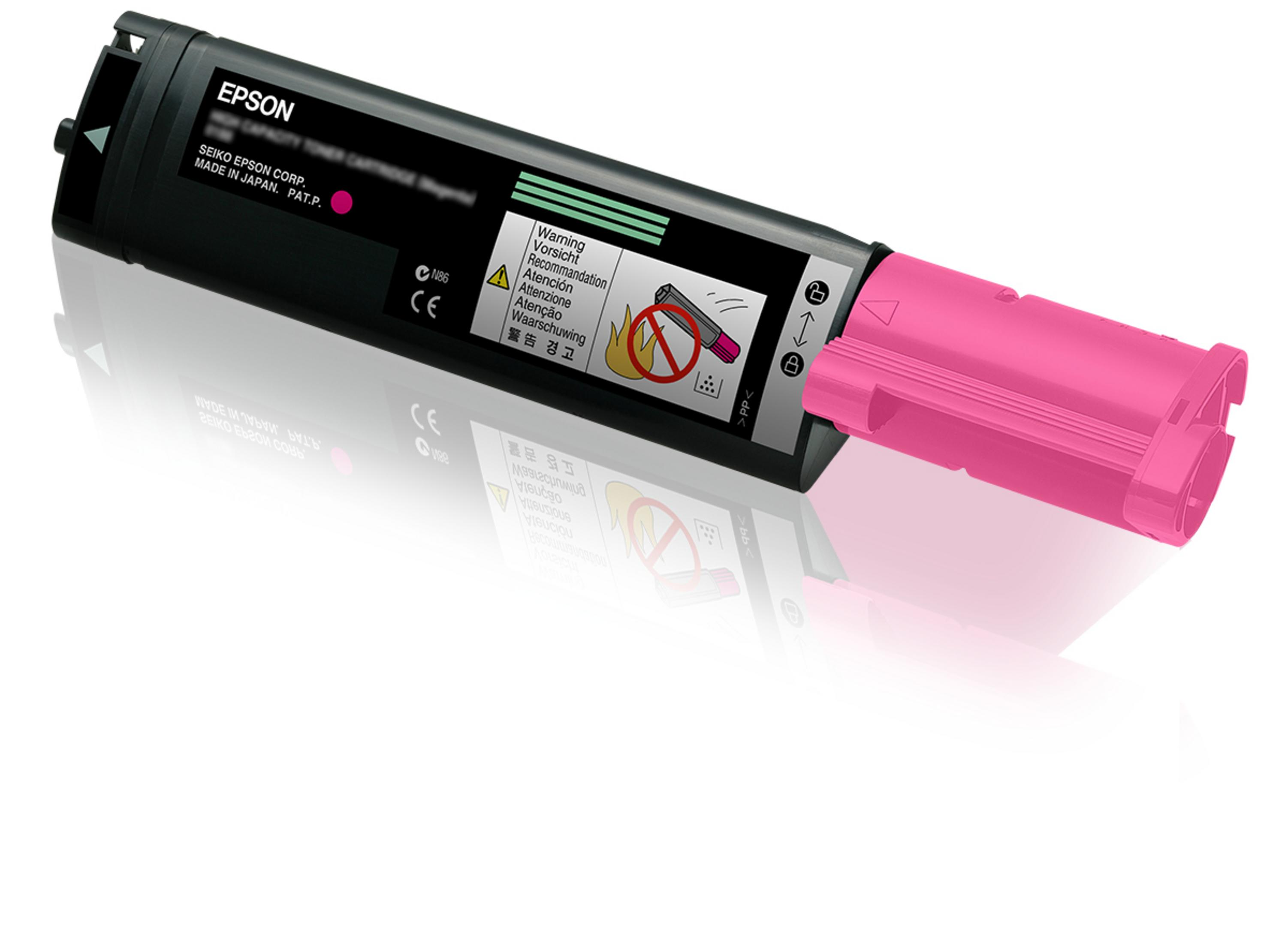 Una cartuccia toner Epson nera con cappuccio rosa, made in Japan.