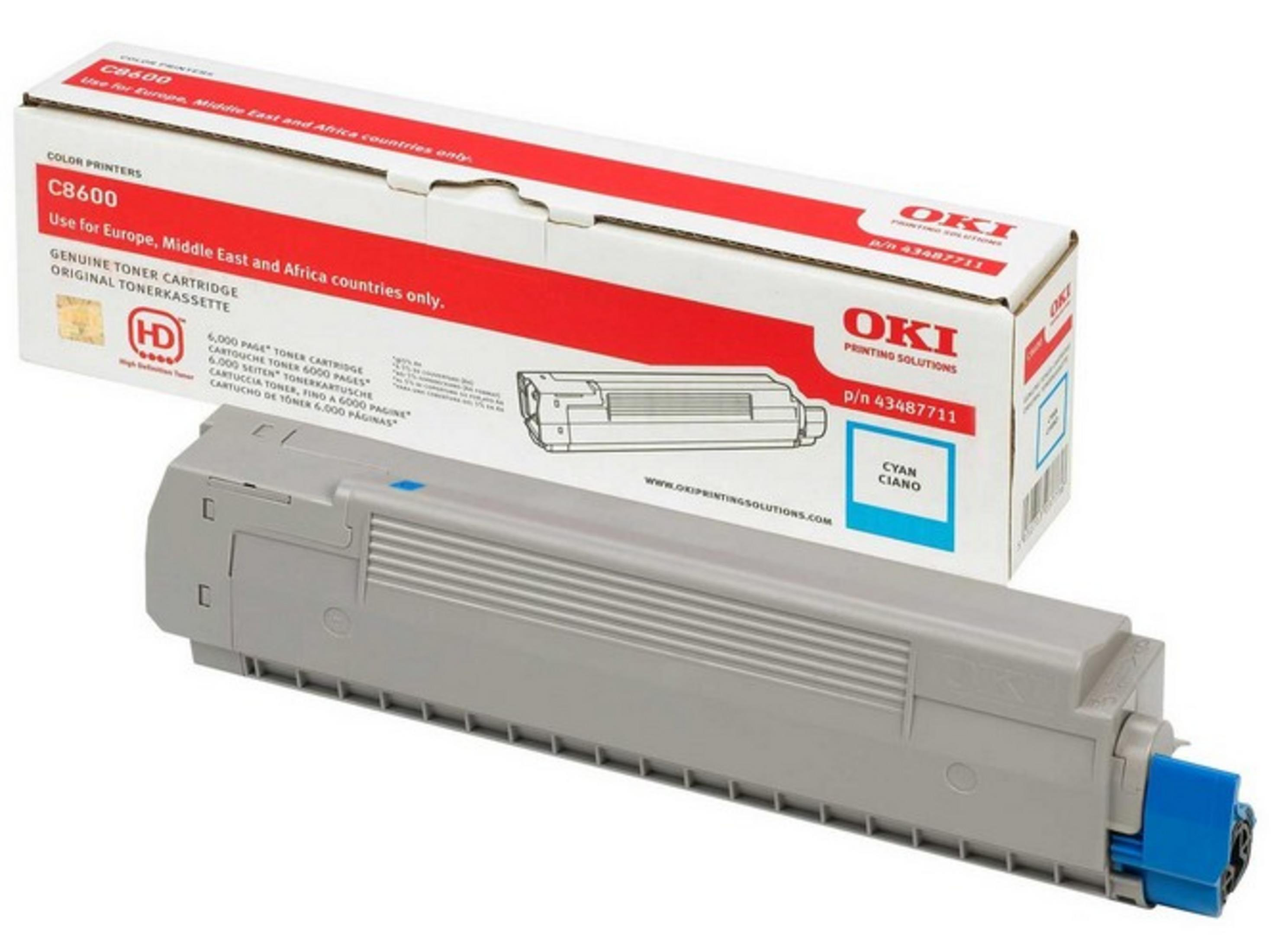 Toner OKI C8600 Cyan i pudełko. Widok z bliska.