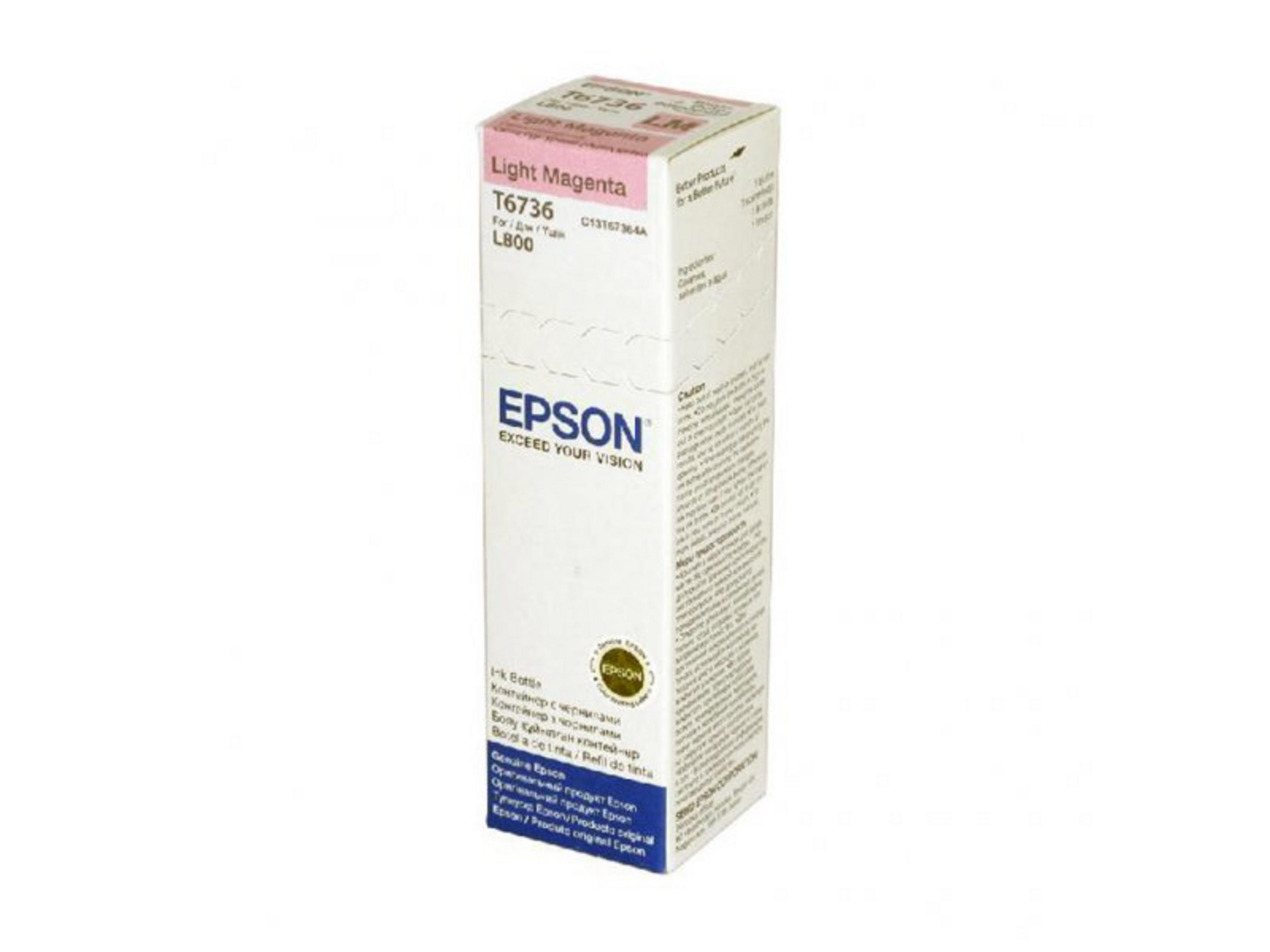 Scatola bianca con inchiostro Epson, modello T6736, Magenta Chiaro. Per L800.