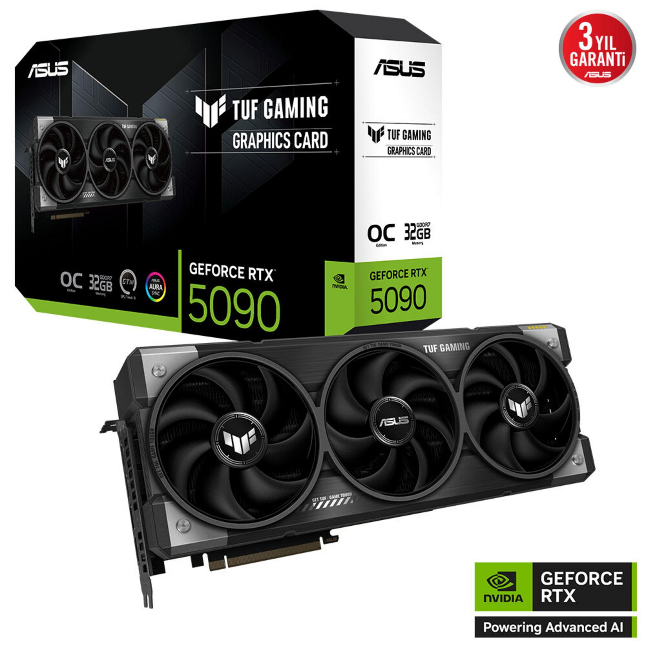 Karta graficzna ASUS TUF Gaming RTX 5090 z trzema wentylatorami i 32 GB pamięci na czarnym pudełku.