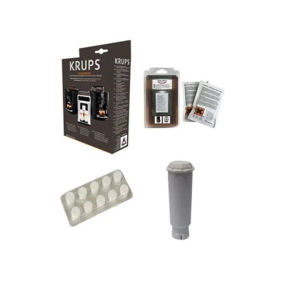 Filtr i tabletki czyszczące do ekspresu Krups na białym tle.