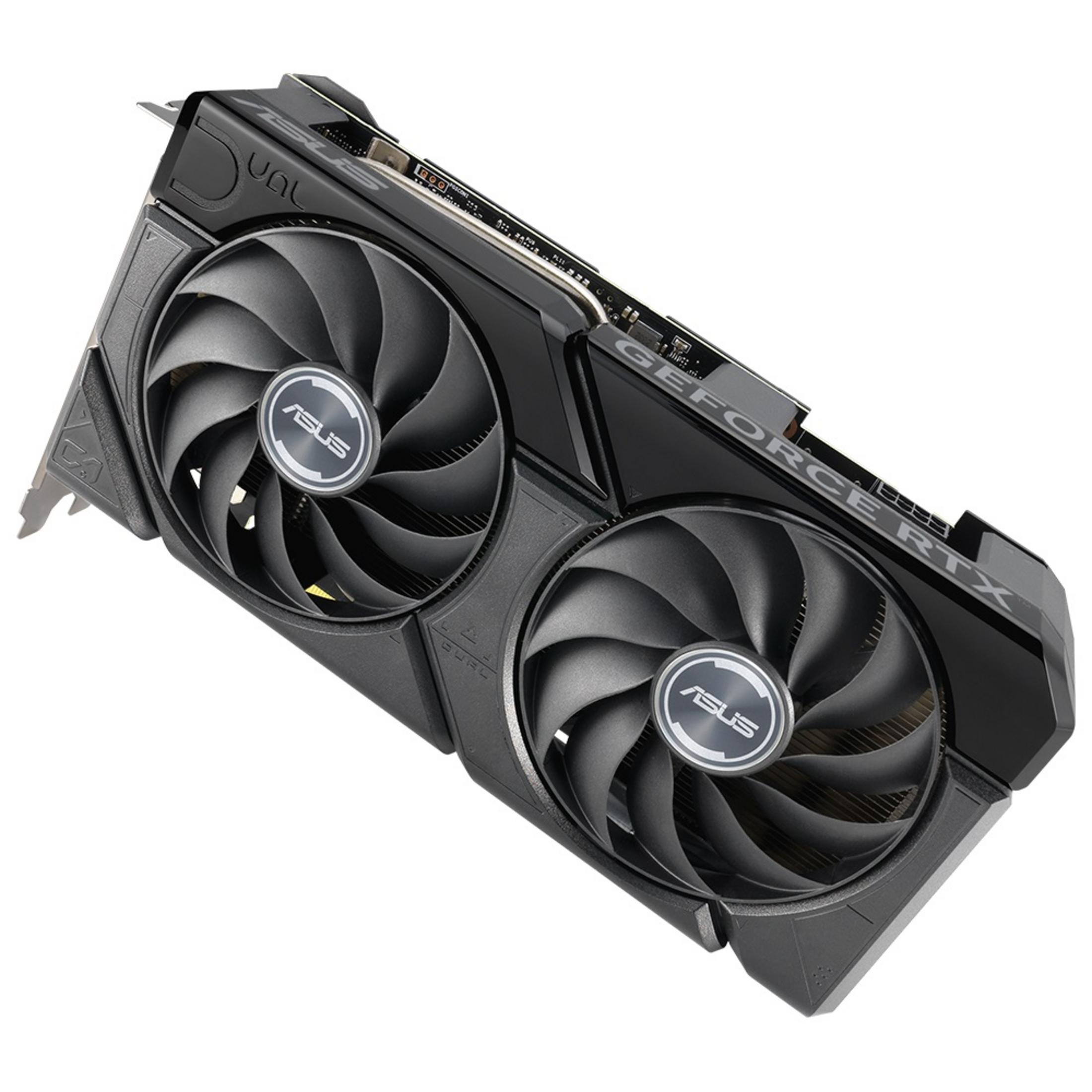 Scheda grafica nera con due ventole e logo ASUS. Scritta "GEFORCE RTX".