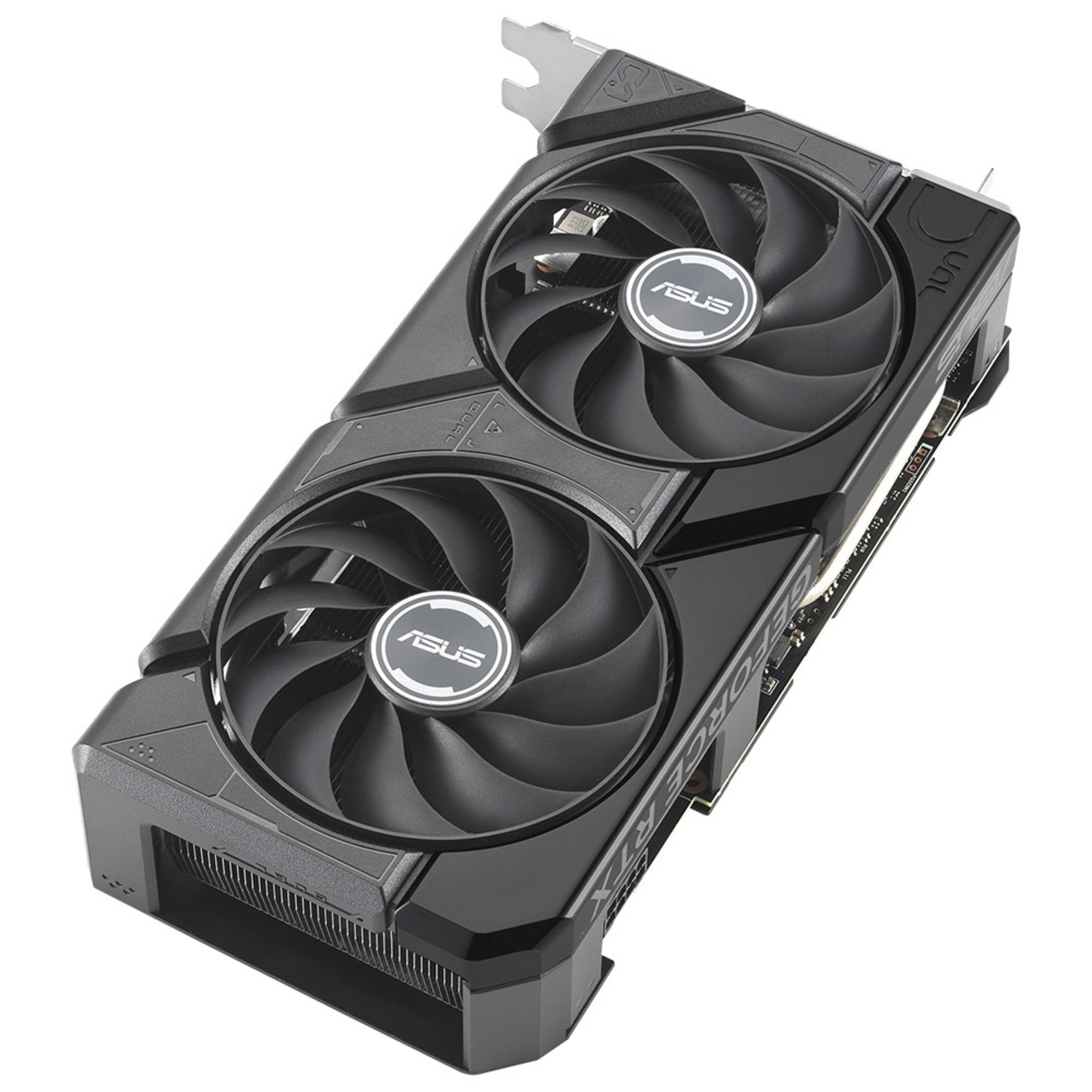 Scheda grafica nera con due ventole, logo ASUS e connettore argentato.