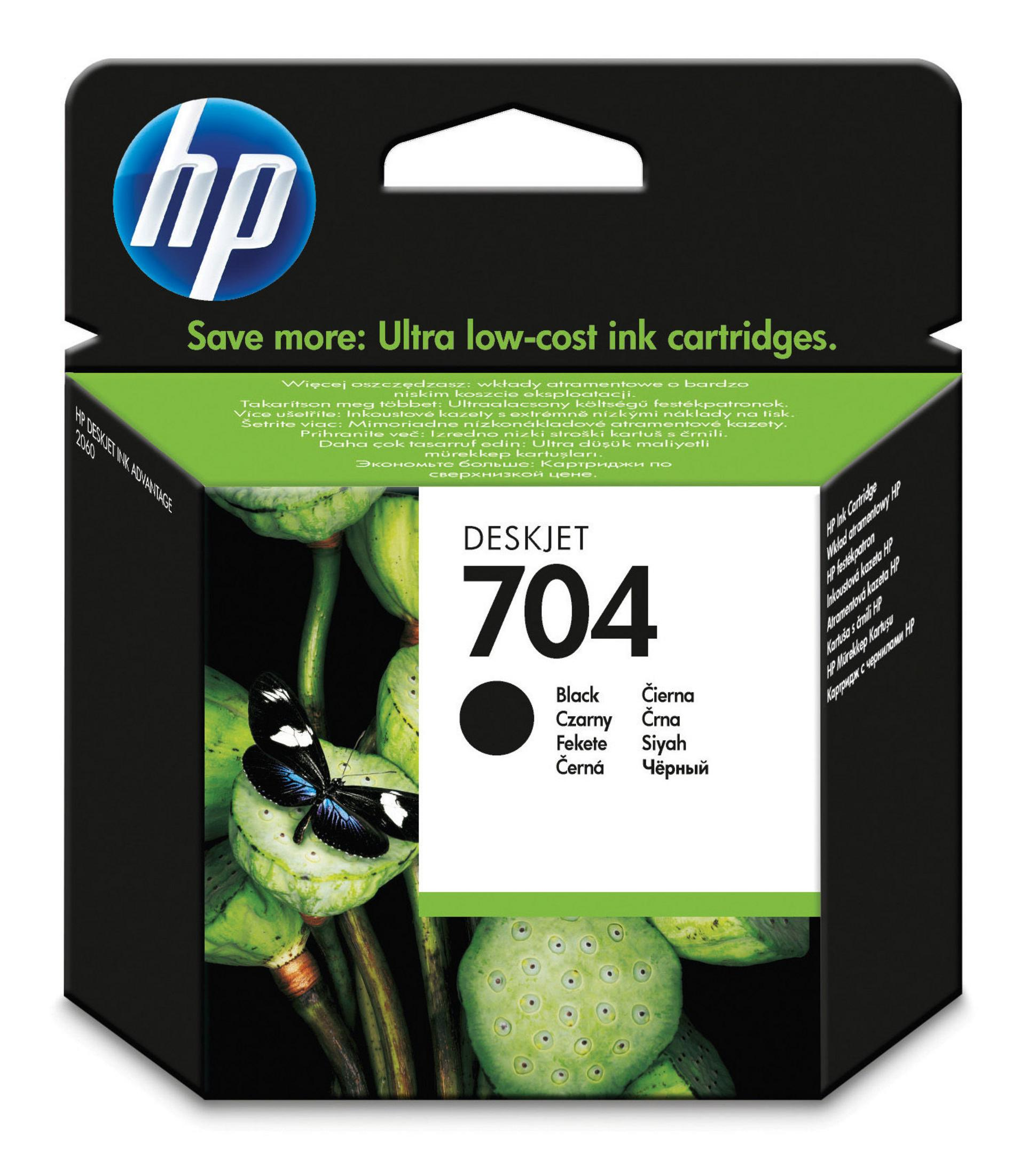 HP Tintenpatrone 704, schwarz, mit Schmetterling auf Lotus.