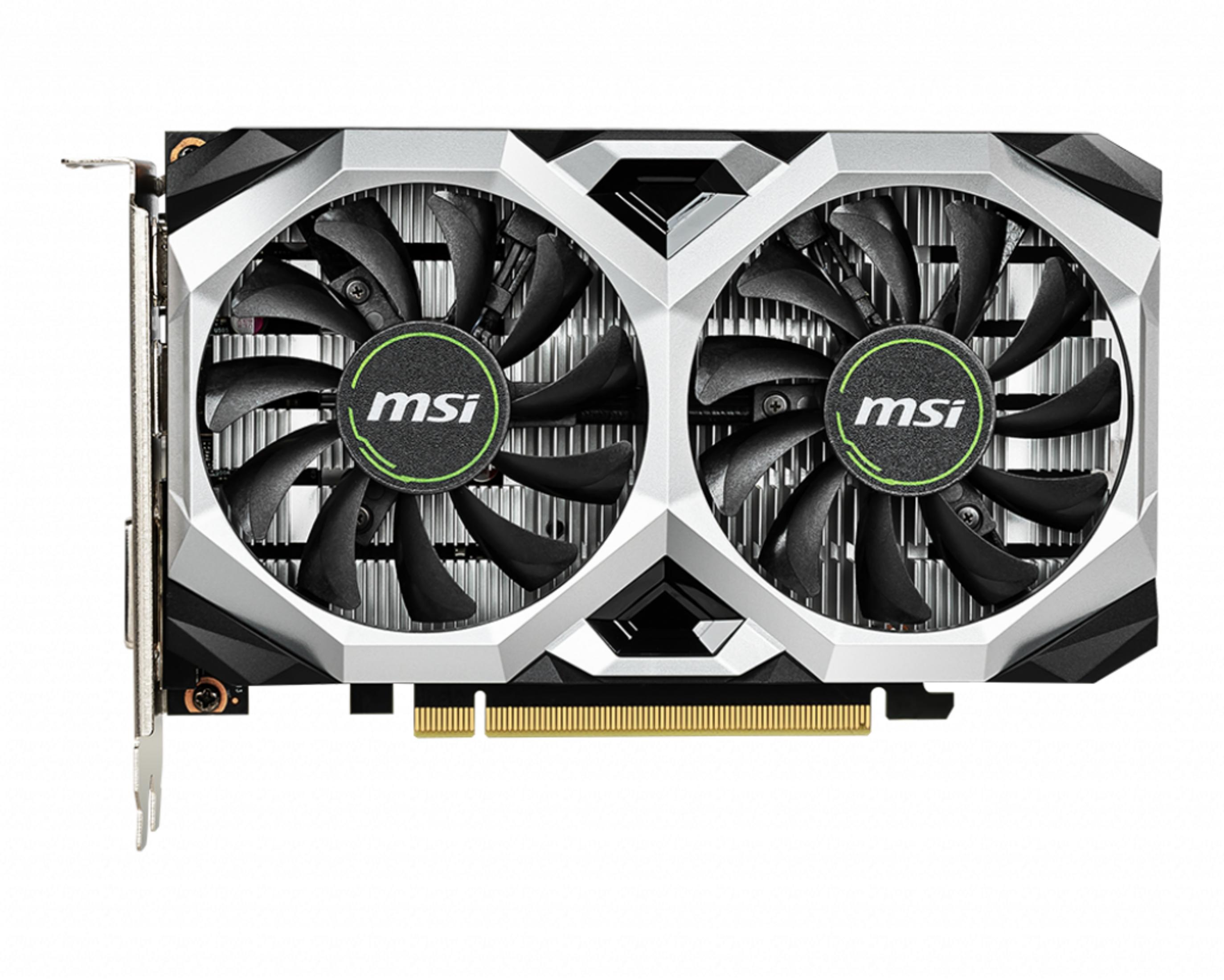Grafikkarte mit zwei Lüftern und MSI-Logo auf silbernem und schwarzem Gehäuse.